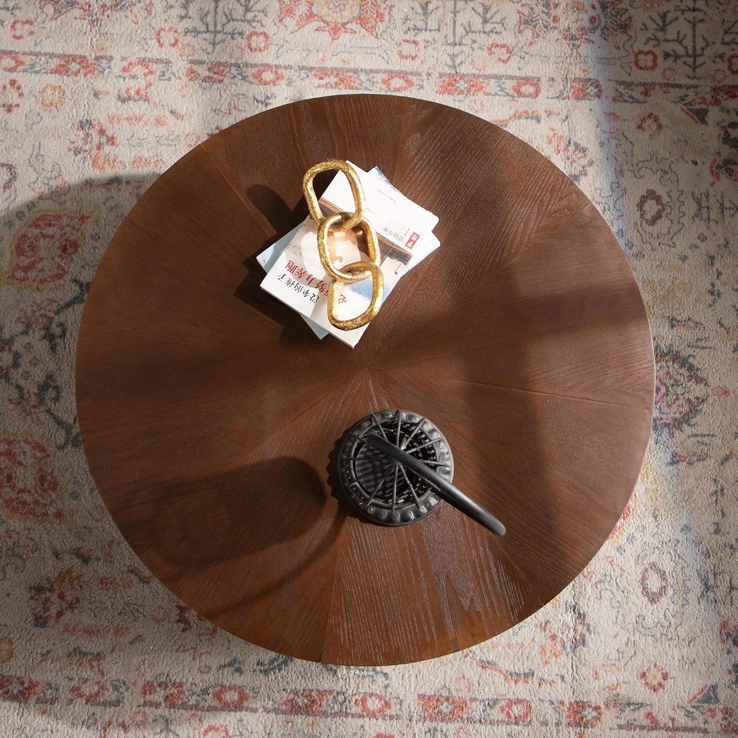 GDFStudio 30.3' Round Coffee Table with Walnut Table Tops, Bark Texture Veneer Circle Coffee Tables with Handcrafted Relief Base, Modern Living Room Side Tea Tables, No Assembly, Black+Walnut