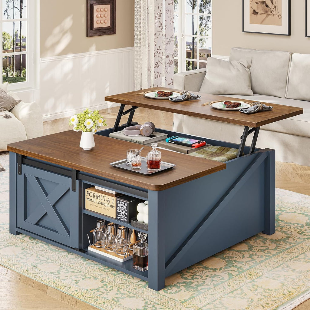 SEDETA 31.5' Lift Top Coffee Table with Storage, Square Coffee Tables for Living Room, Farmhouse Coffee Table with Large Hidden Storage Compartment and Adjustable Shelves, Blue