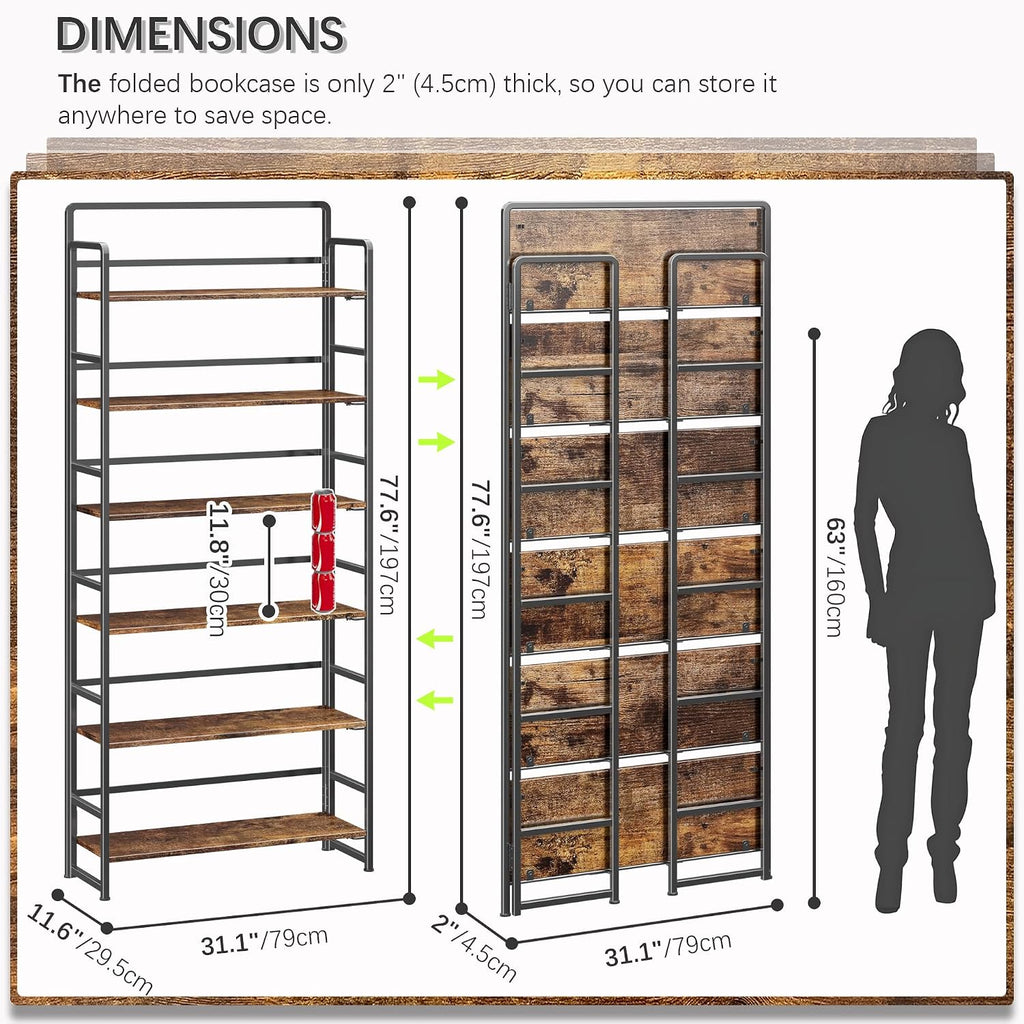 4NM No Assembly Extra Wide 6 Tiers Folding Bookshelf Storage Shelves Vintage Bookcase Standing Racks Study Organizer Home Office (Rustic Brown Black)