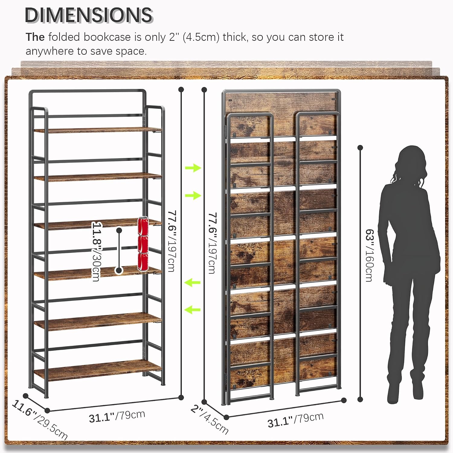 4NM No Assembly Extra Wide 6 Tiers Folding Bookshelf Storage Shelves Vintage Bookcase Standing Racks Study Organizer Home Office (Rustic Brown Black)