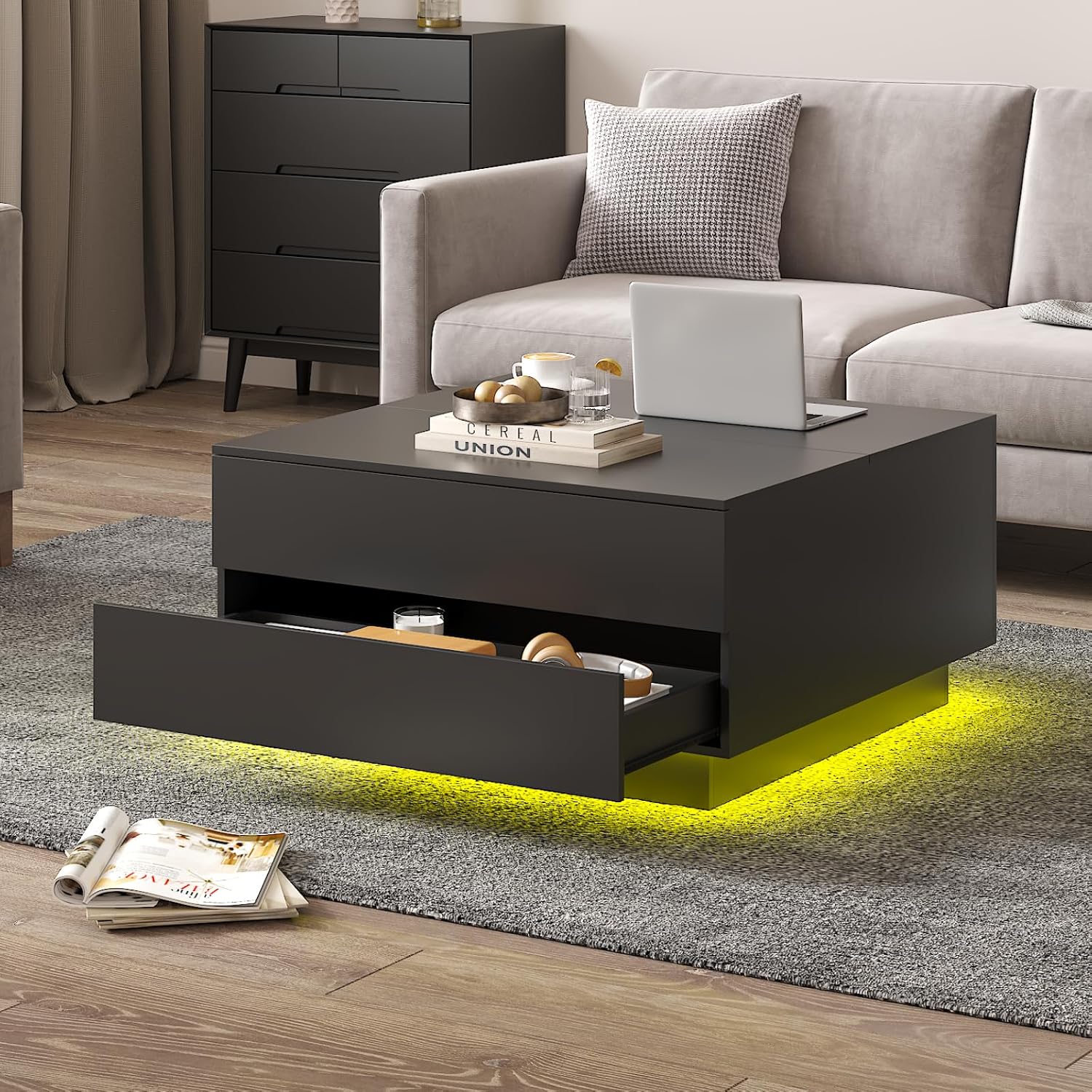 HedoAjim Square Coffee Tables with Storages, Modern Black Coffee Table for Living Room, Flip Cover Coffee Tables and 2 Spacious Drawers, Coffee Table with LED Light