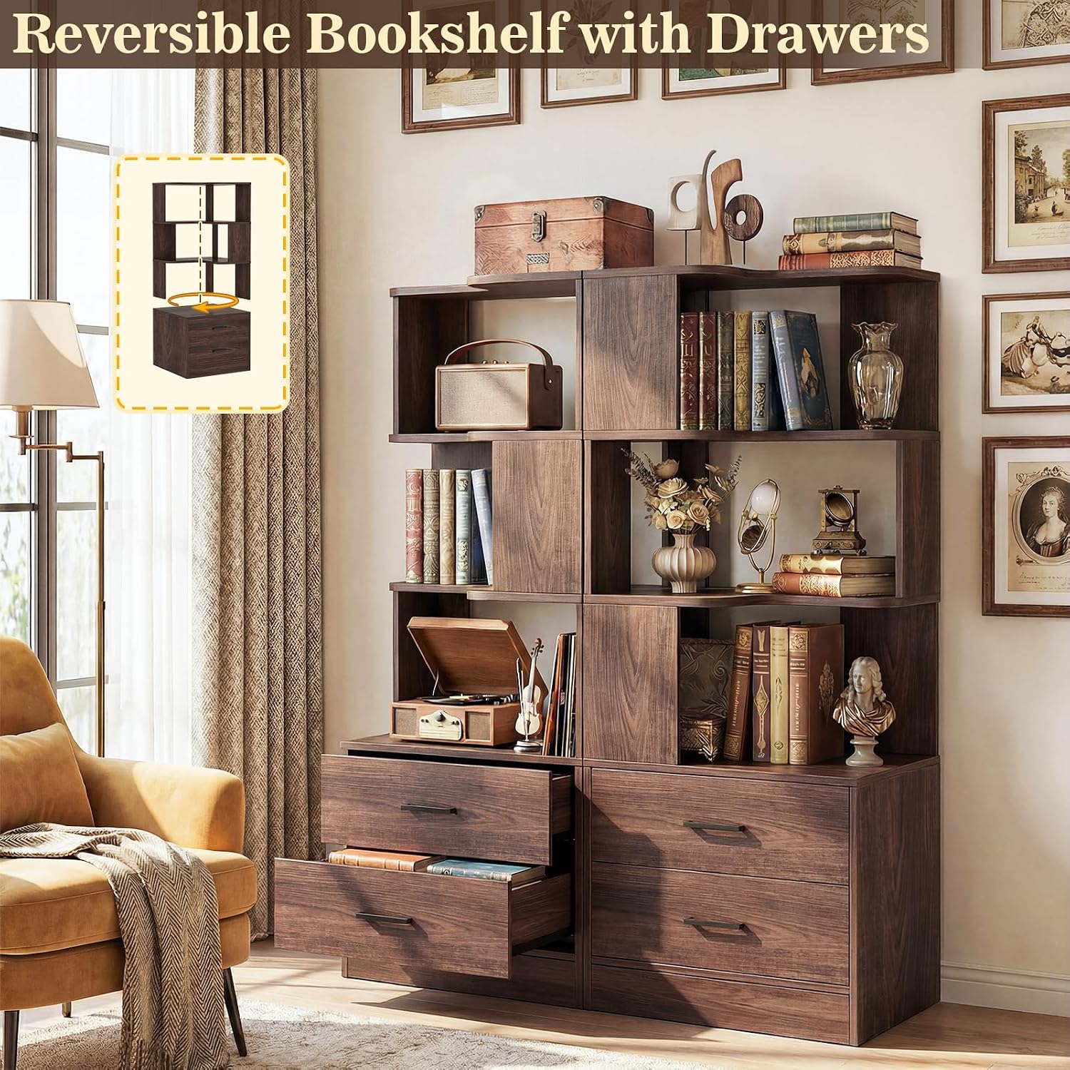 Armocity Corner Bookshelf with Drawers, 6 Tier Corner Book Shelf Display Bookcase, Freestanding L Shaped Bookshelf for Bedroom, Living Room, Home Office, Black Walnut