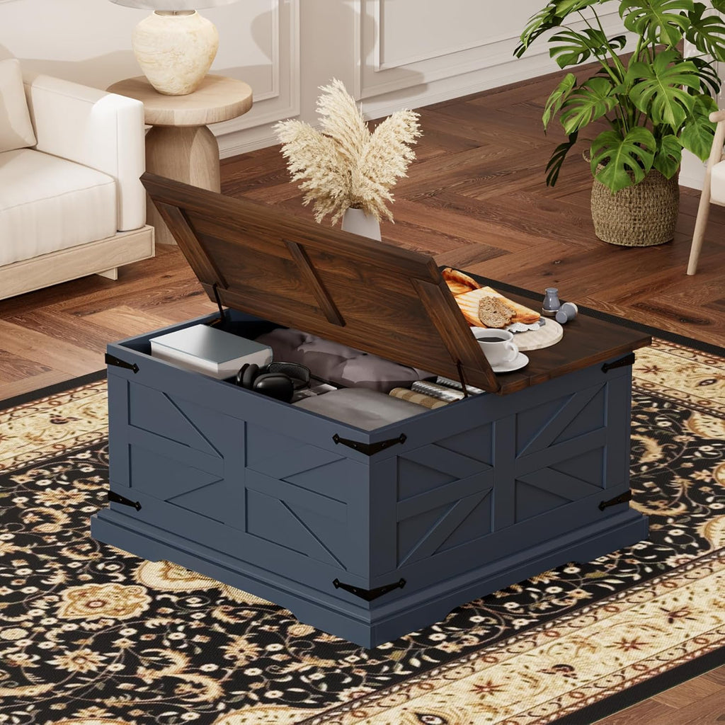 Farmhouse Coffee Table with Large Hidden Storage, Square Wood Living Room Tables, Multi-Function Lift Wooden Barn Door Center Table (Blue &Walnut)