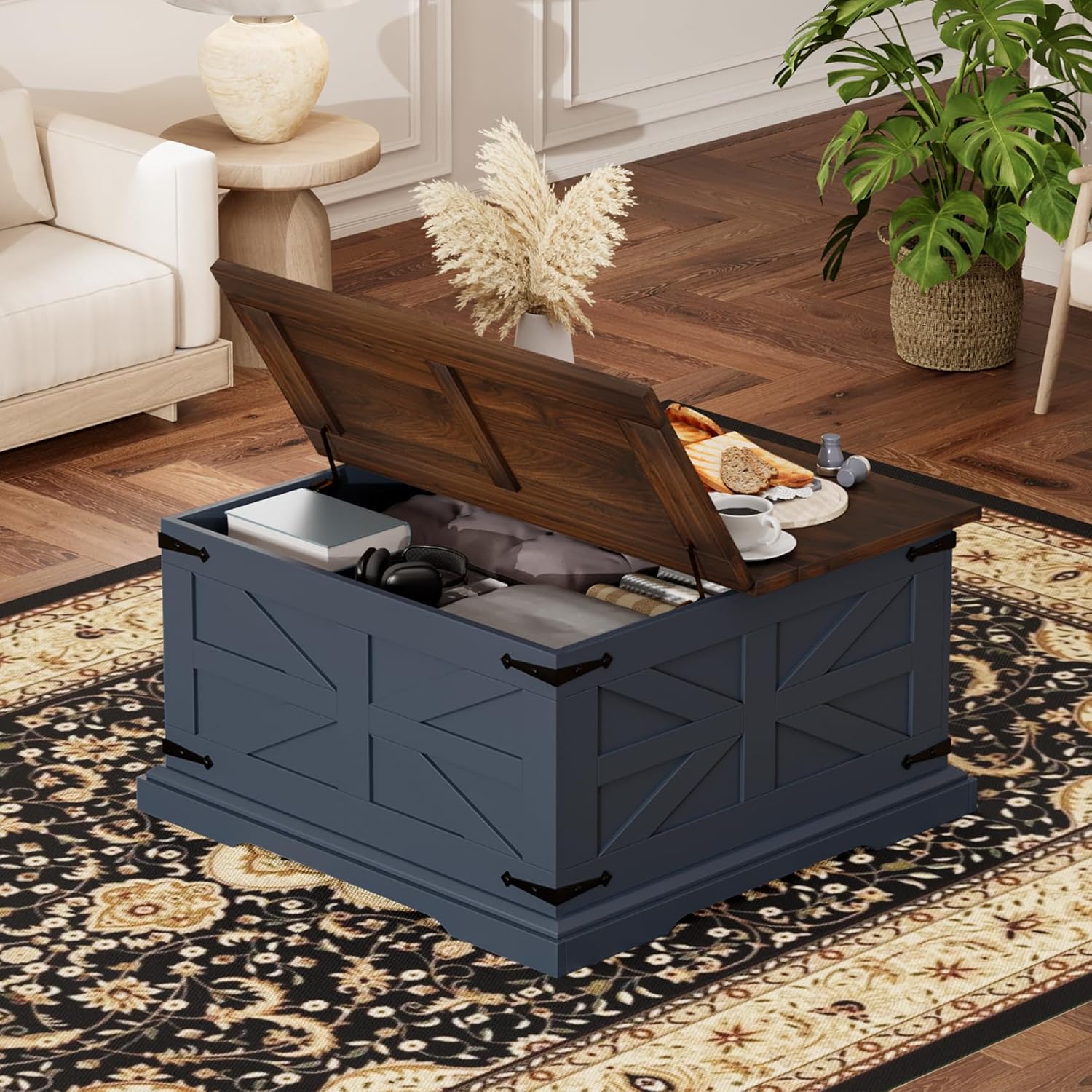 Farmhouse Coffee Table with Large Hidden Storage, Square Wood Living Room Tables, Multi-Function Lift Wooden Barn Door Center Table (Blue &Walnut)