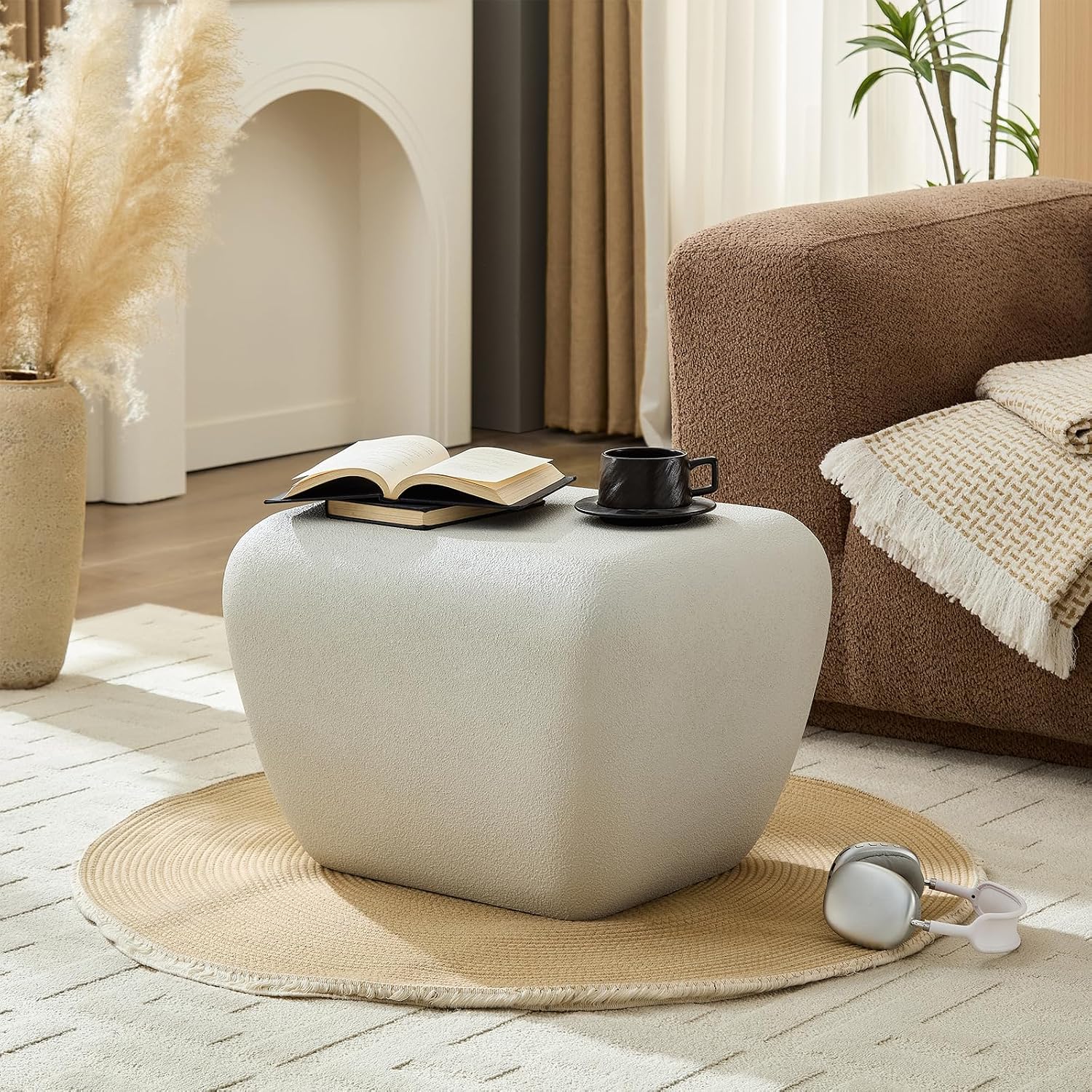 21.85' Faux Stone Side Table Square, Small Coffee Table French Country Rustic Sofa End Table, Fiberglass Modern Contemporary Concrete Table for Living Room Bedroom Apartment, No Assembly