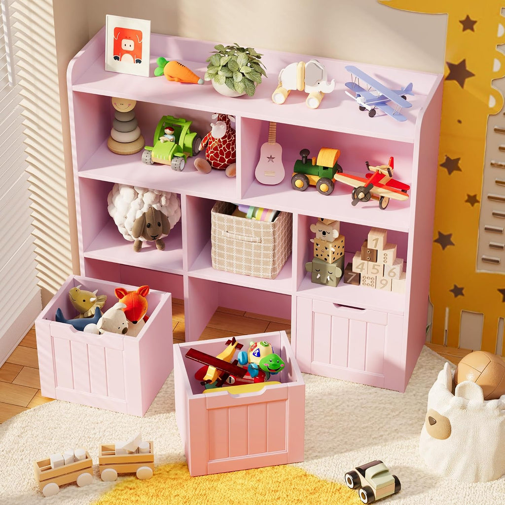 Gizoon Toy Storage Organizer with 3 Movable Drawers and 6 Open Shelves Kids Bookshelf Featuring Fall Prevention Barrier for Playroom Nursery Kids Room Organization, Pink, Painted