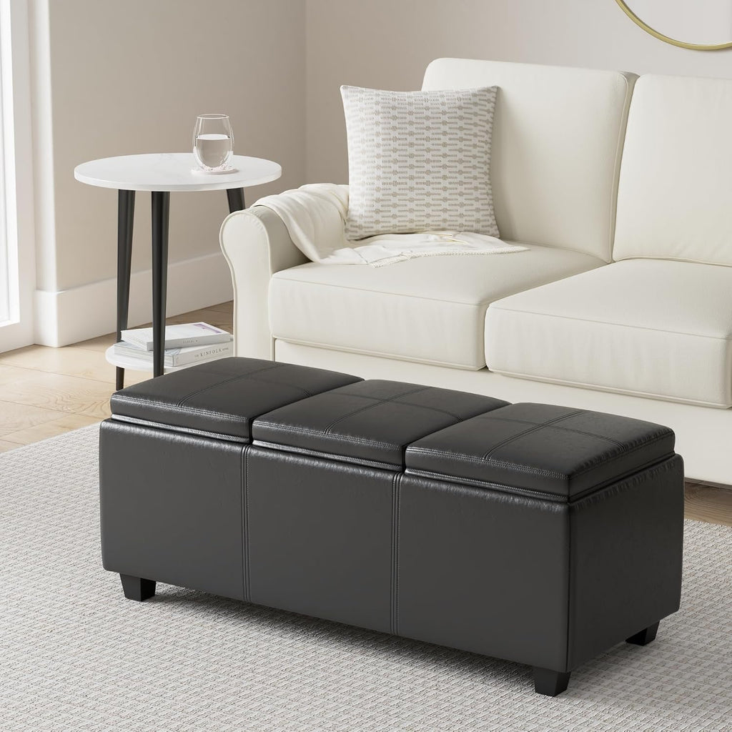 SIMPLIHOME Avalon Storage Ottoman - 42 inch Wide Upholstered Vegan Leather Rectangular Flip-Top Ottoman in Midnight Black, Contemporary Storage Coffee Table Ottoman for Living Room with Hidden Storage