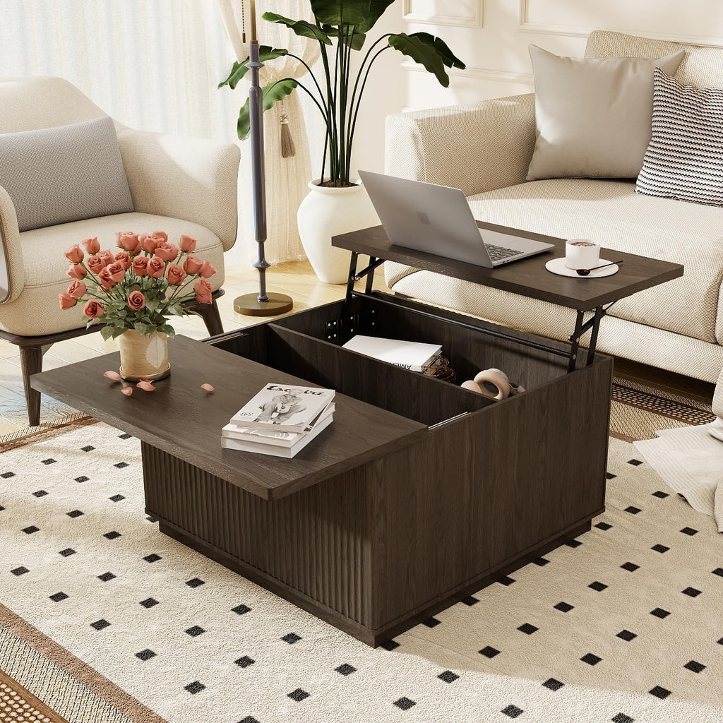 Fluted Coffee Table with Lifting Top, 31.5' Square Coffee Table with Storage, Mid Century Modern Center Table for Living Room, Home Office, Dark Gray