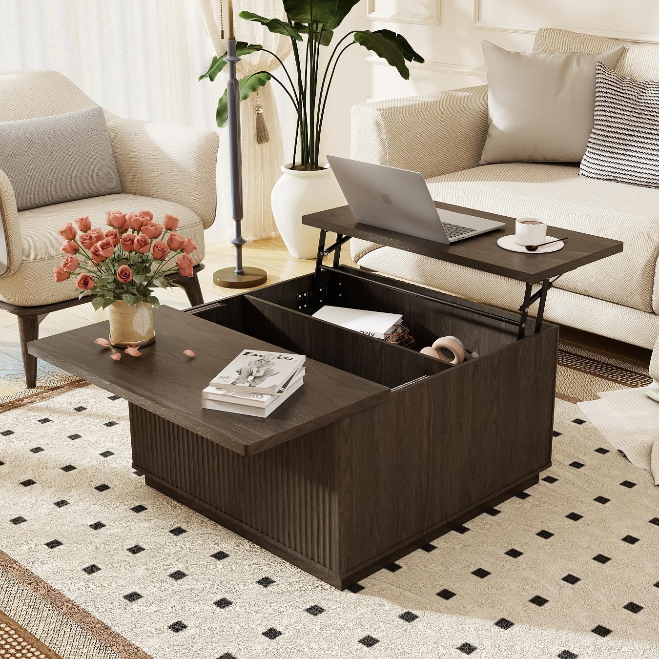 Fluted Coffee Table with Lifting Top, 31.5' Square Coffee Table with Storage, Mid Century Modern Center Table for Living Room, Home Office, Dark Gray