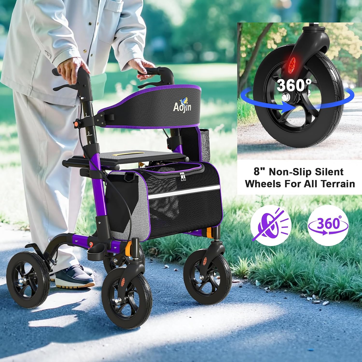 Walkers for Seniors, Rollator Walker with Seat, 350 lb Weight Capacity, 18' Big Seat, 8' All-Terrain Wheels, 6-Level Adjustable Height, Lightweight Aluminum Frame Rollator Walkers for Seniors (Purple)