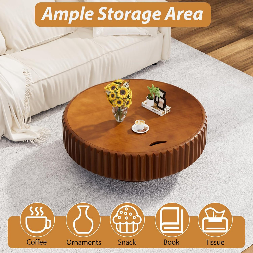 Drum Coffee Table with Hidden Storage, Modern Round Coffee Table for Living Room Circle Center Table with Solid Wood Fluted Veneered, Accent Tea Table for Small Space Apartment (Walnut 31.5 inch)