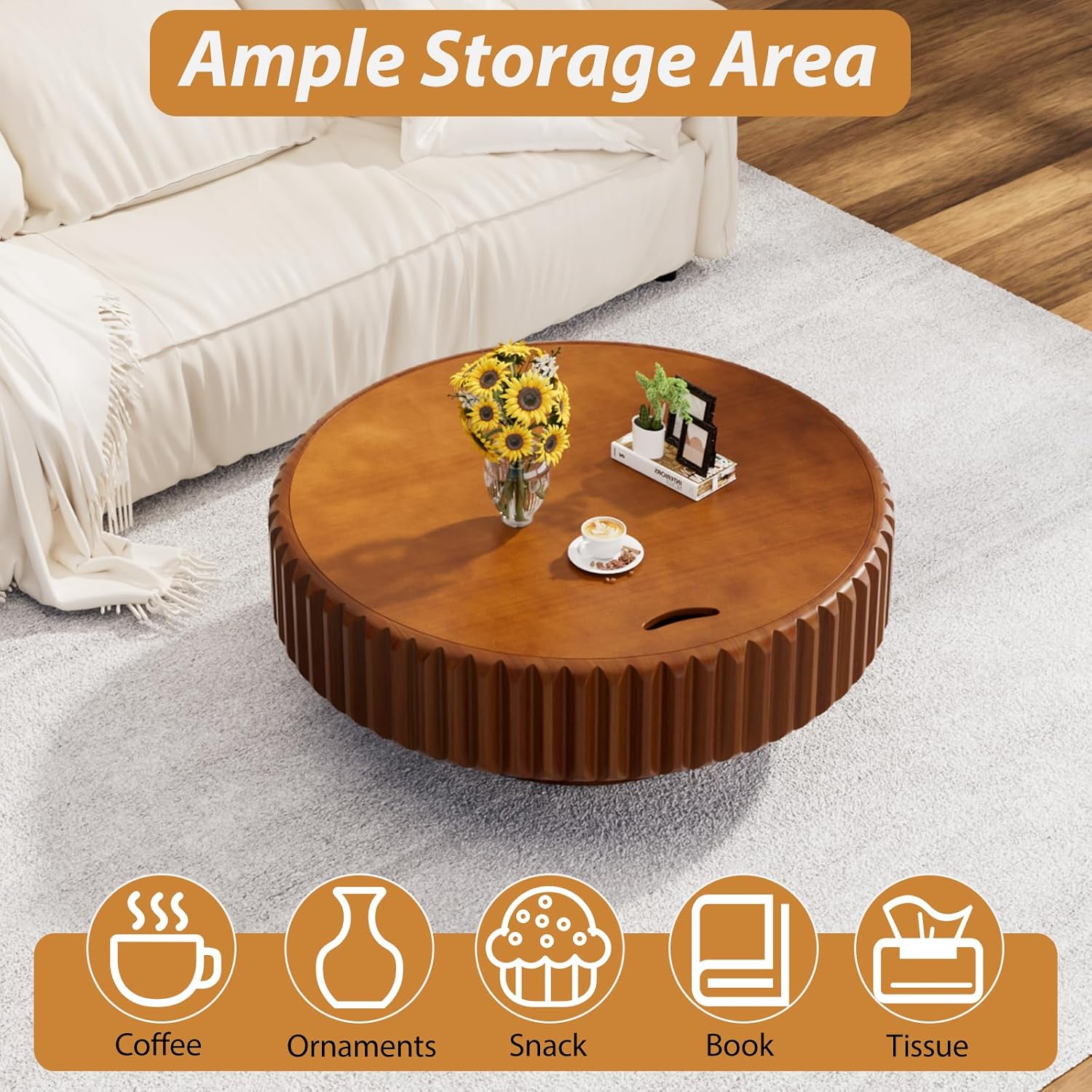 Drum Coffee Table with Hidden Storage, Modern Round Coffee Table for Living Room Circle Center Table with Solid Wood Fluted Veneered, Accent Tea Table for Small Space Apartment (Walnut 31.5 inch)