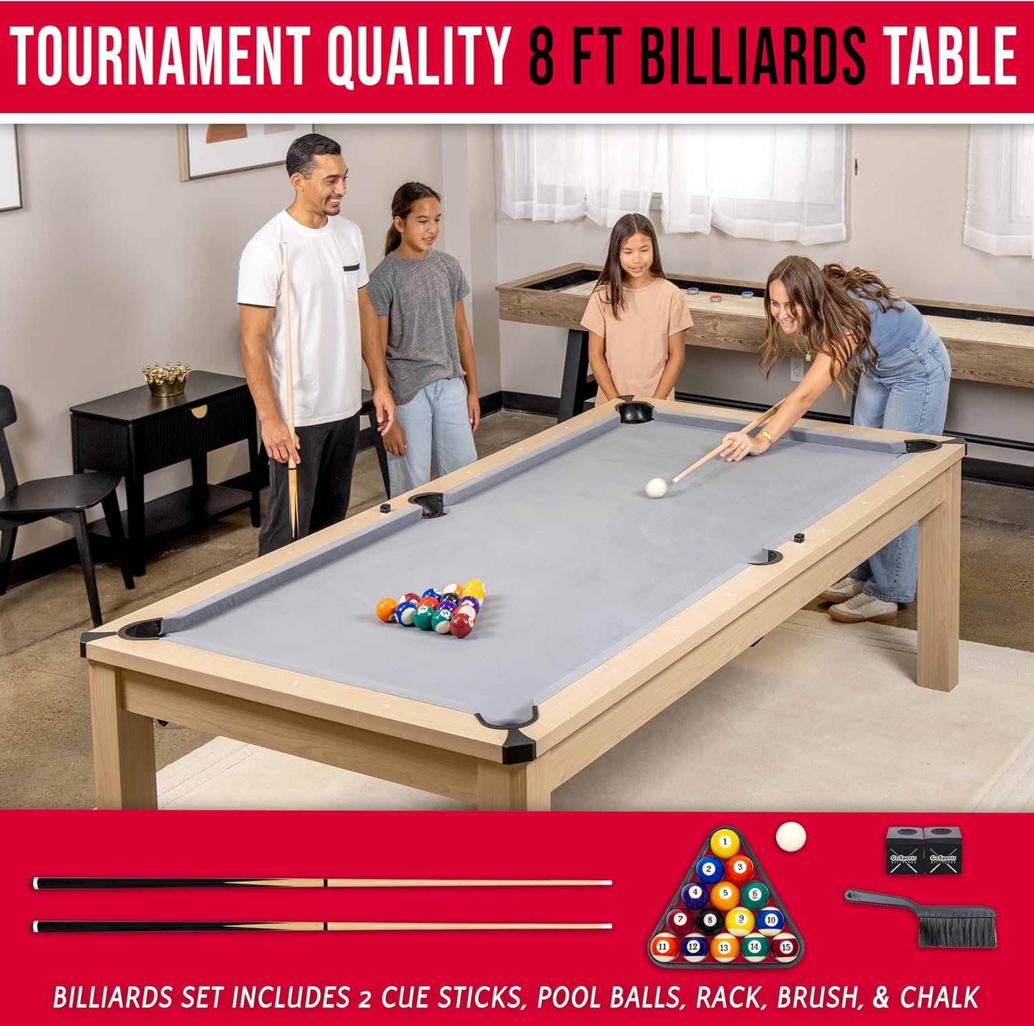 GoSports 3 in 1 Pool, Dining, & Table Tennis Combo Table and Storage Benches - 7 ft or 8 ft - Convertible Billiards and Table Tennis with Accessories