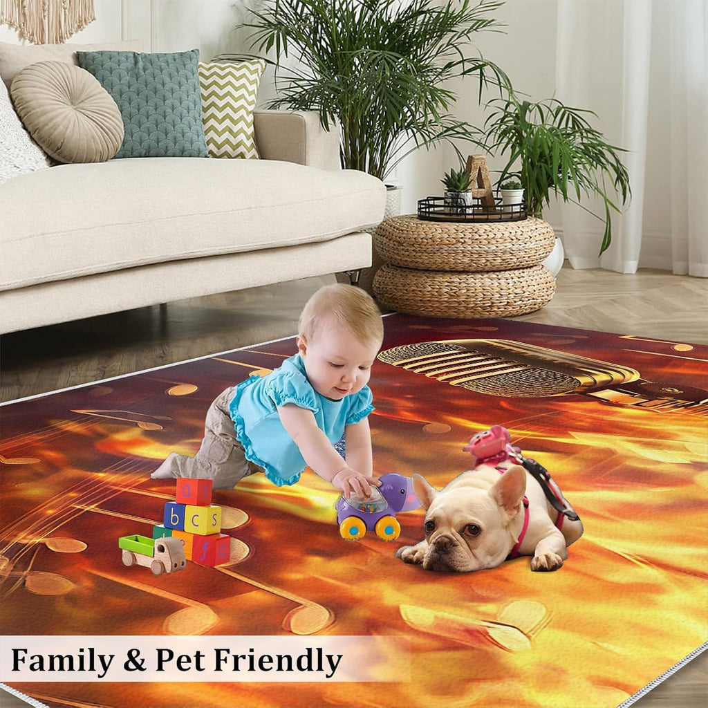 Microphone Rug Large - 5x7 Rug, Flame Area Rugs for Living Room, Passion Music Washable Carpet for Bedroom, Musical Note Rugs, Boys Room Carpet - Microphone Home Decor & Gift