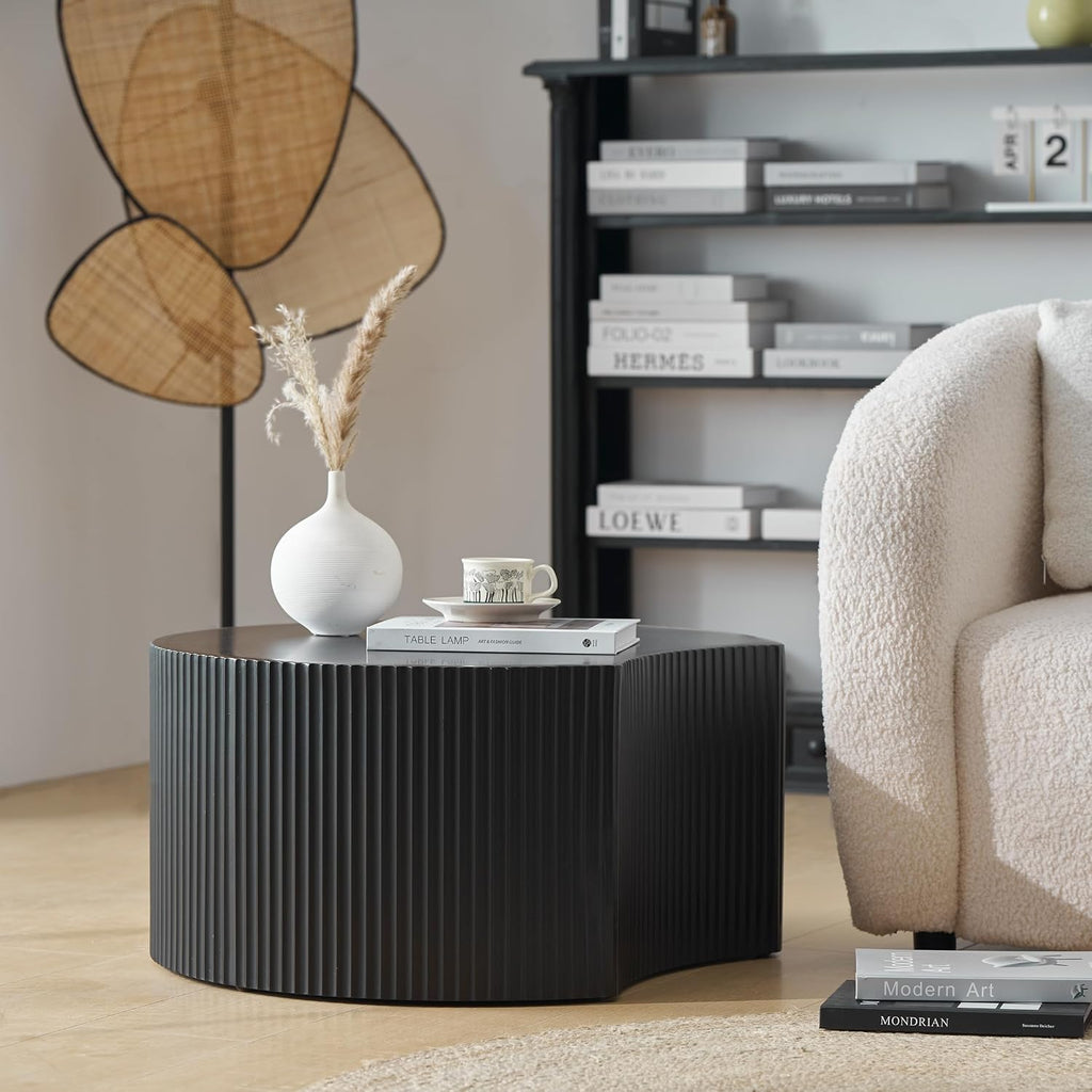Nesting Coffee Table Set of 2, Modern Drum Side Table End Table, Wave Stripe Round Coffee Table for Living Room, Bedroom, Black-02