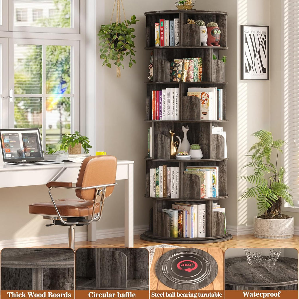 Aheaplus 6 Tier Rotating Bookshelf, Wood Spinning Bookshelf Tower, Round Revolving 360 Bookcase, Narrow Turning Book Shelf Rolling Corner Organizer for Small Space, Bedroom, Office, Black Oak