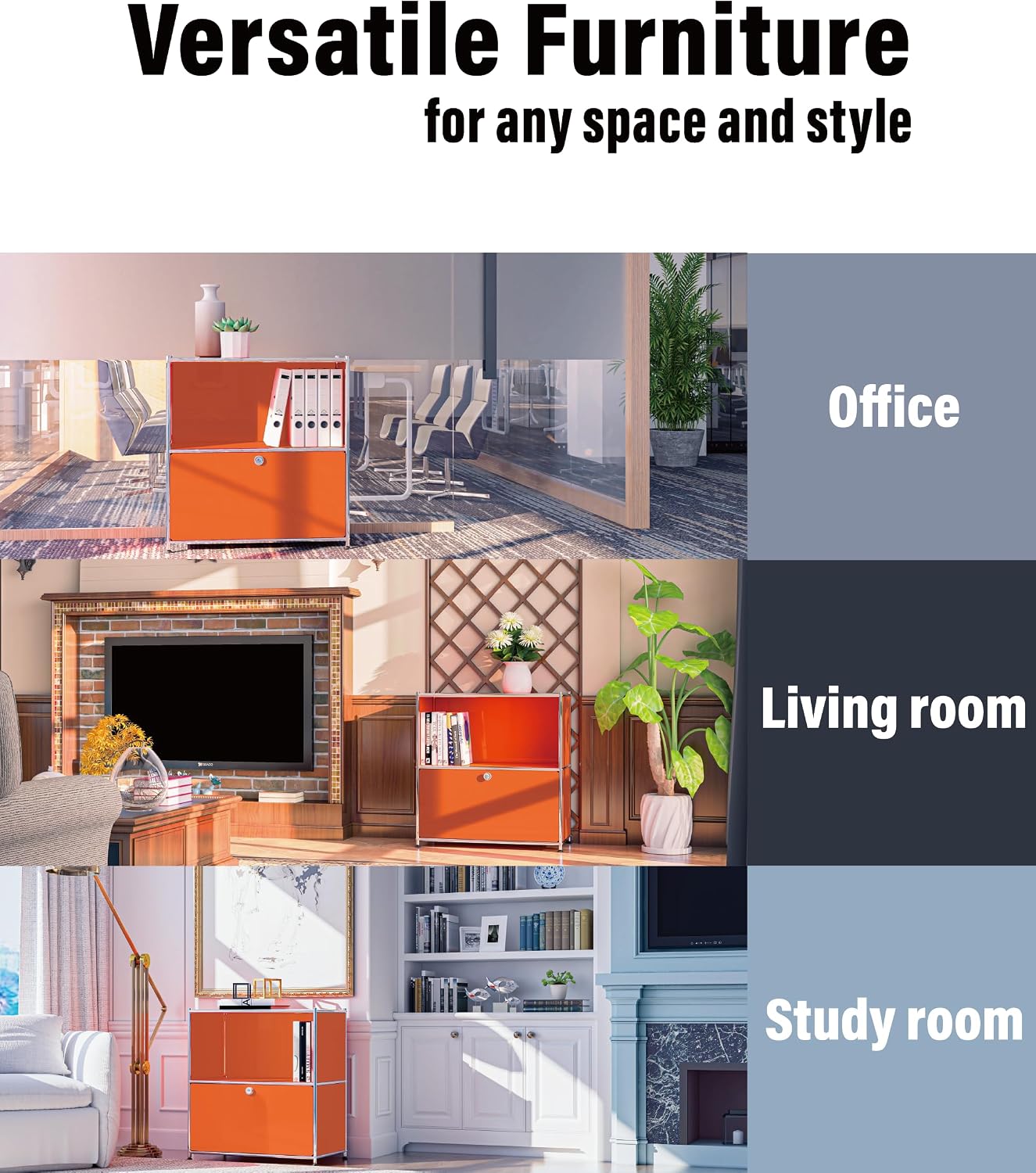32.5-Inch Flip-Top Storage Cabinet with Detachable Wheels, Metal Side Table and Small Sideboard Cabinet for Living Room, Bedroom, Office, Orange