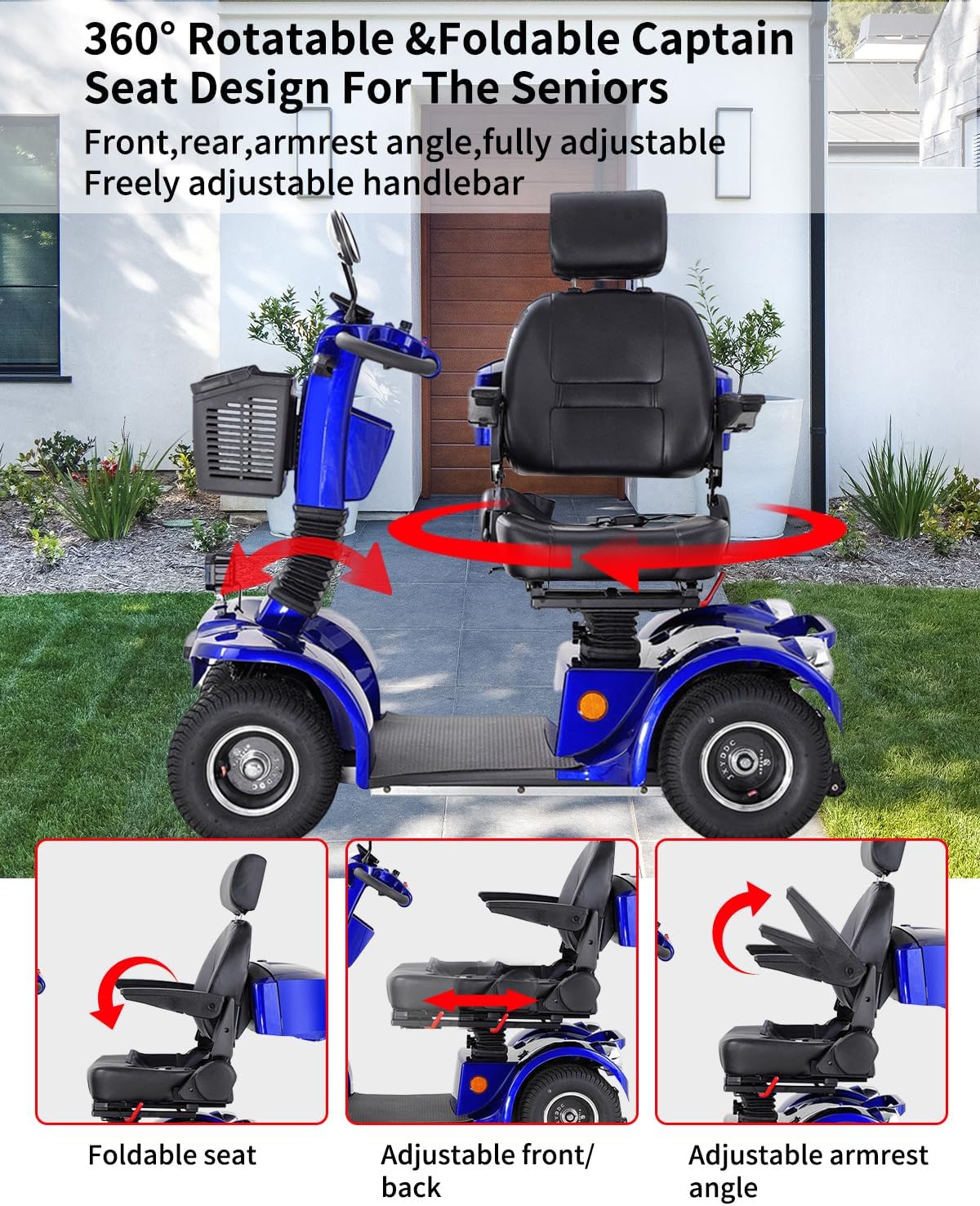 All Terrain Mobility Scooter for Seniors,Heavy-Duty 4 Wheel Mobility Scooters Mobility Scooter,Handicap Scooters for Adults with 3-Speed Travel Long (Blue)