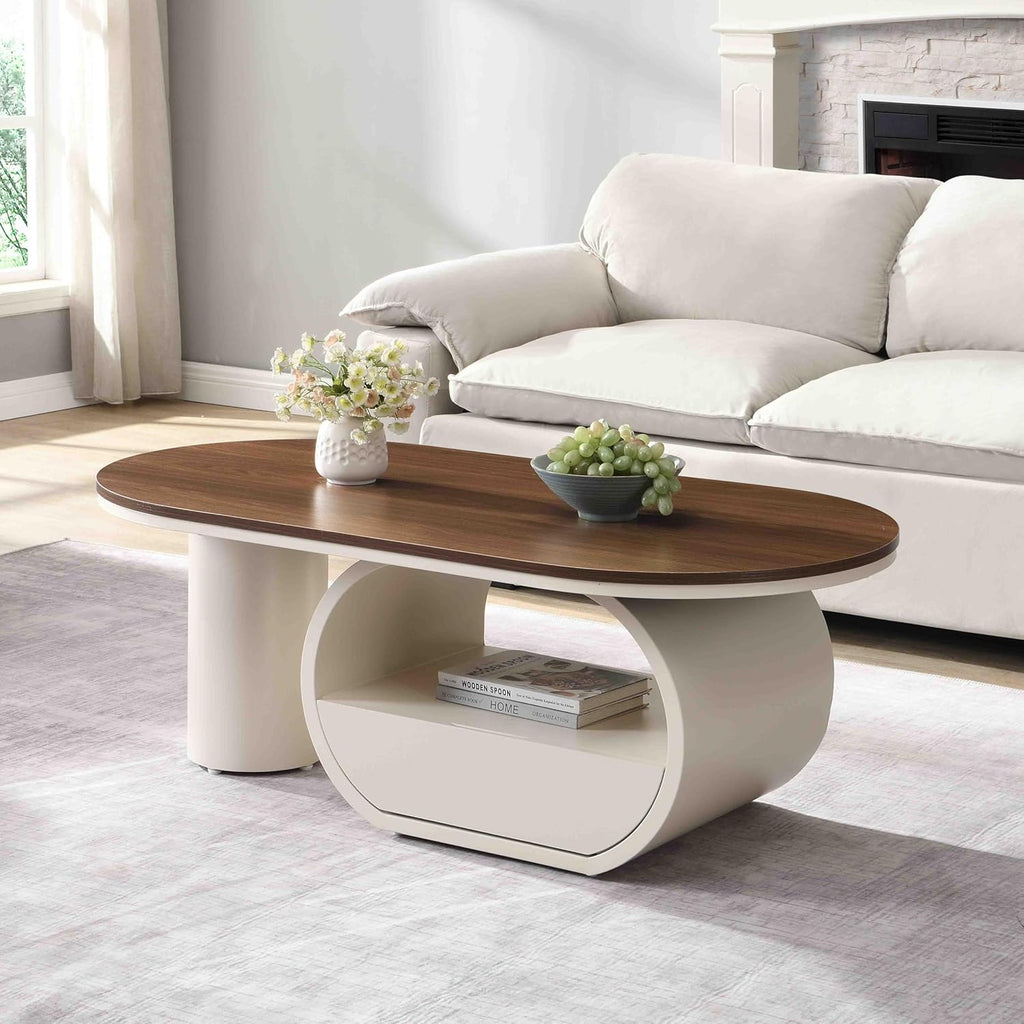Luxury Oval Coffee Table, 47'' Modern Living Room Table with Storage Drawer, Wooden Wulnut MDF Top Sturdy Metal Base Beige White, Large Center Tables for Home Apartment
