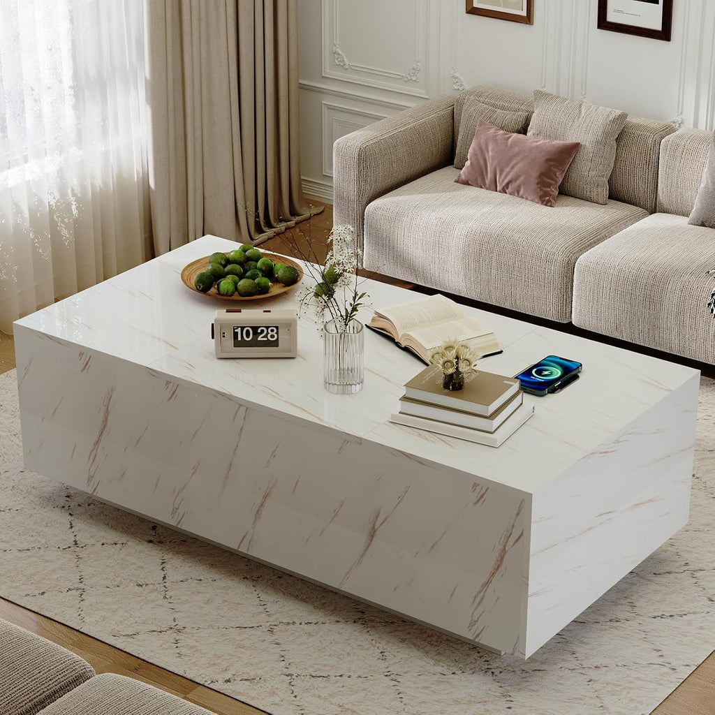 LED Coffee Table, 47.2' Lift Top Coffee Tables with Drawers and Large Storage, Smart Living Room Table with Wireless Charging & Bluetooth Speaker, Dining Center Tables with Storage Shelf, White