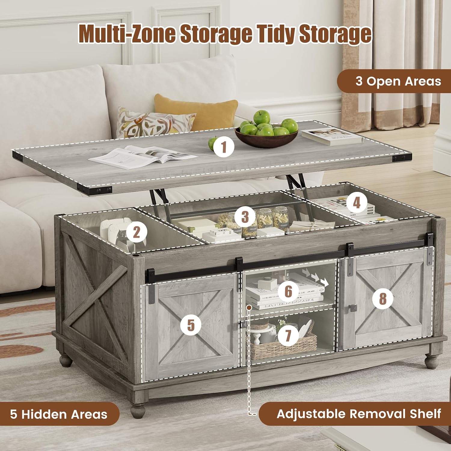 ALLSTAND 48' Farmhouse Lift Top Coffee Table with Storage Sliding Barn Door & Large Hidden Compartment, Coffee Table with Lifting Top with Wooden Lift Tabletop, Coffee Tables for Living Room, Grey