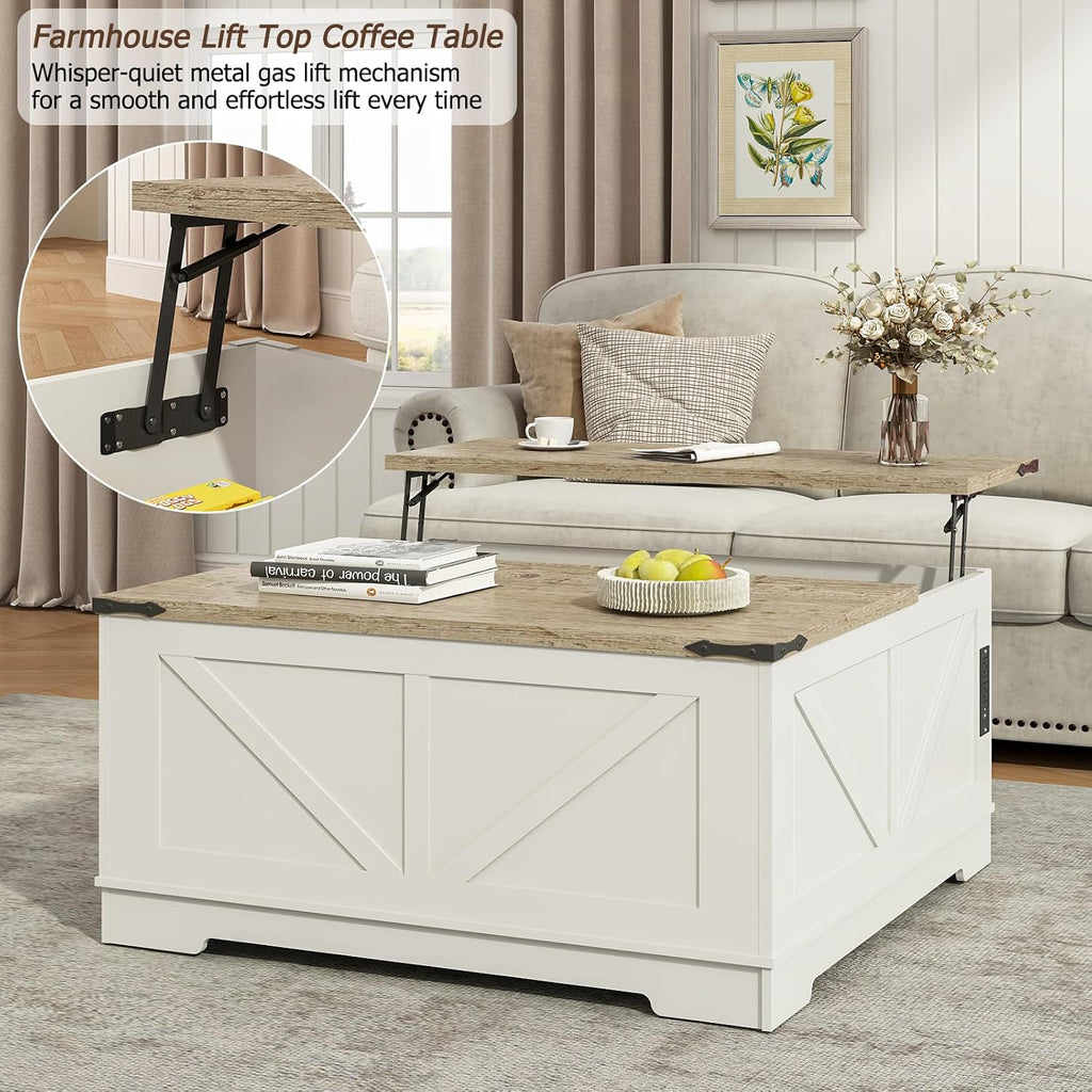 EAG 40' Large Farmhouse Lift Top Coffee Table with Hidden Compartment & Power Outlets, Square Wooden Coffee Table with Multi-Function Flip-Top Ample Storage Center Table for Living Room, White