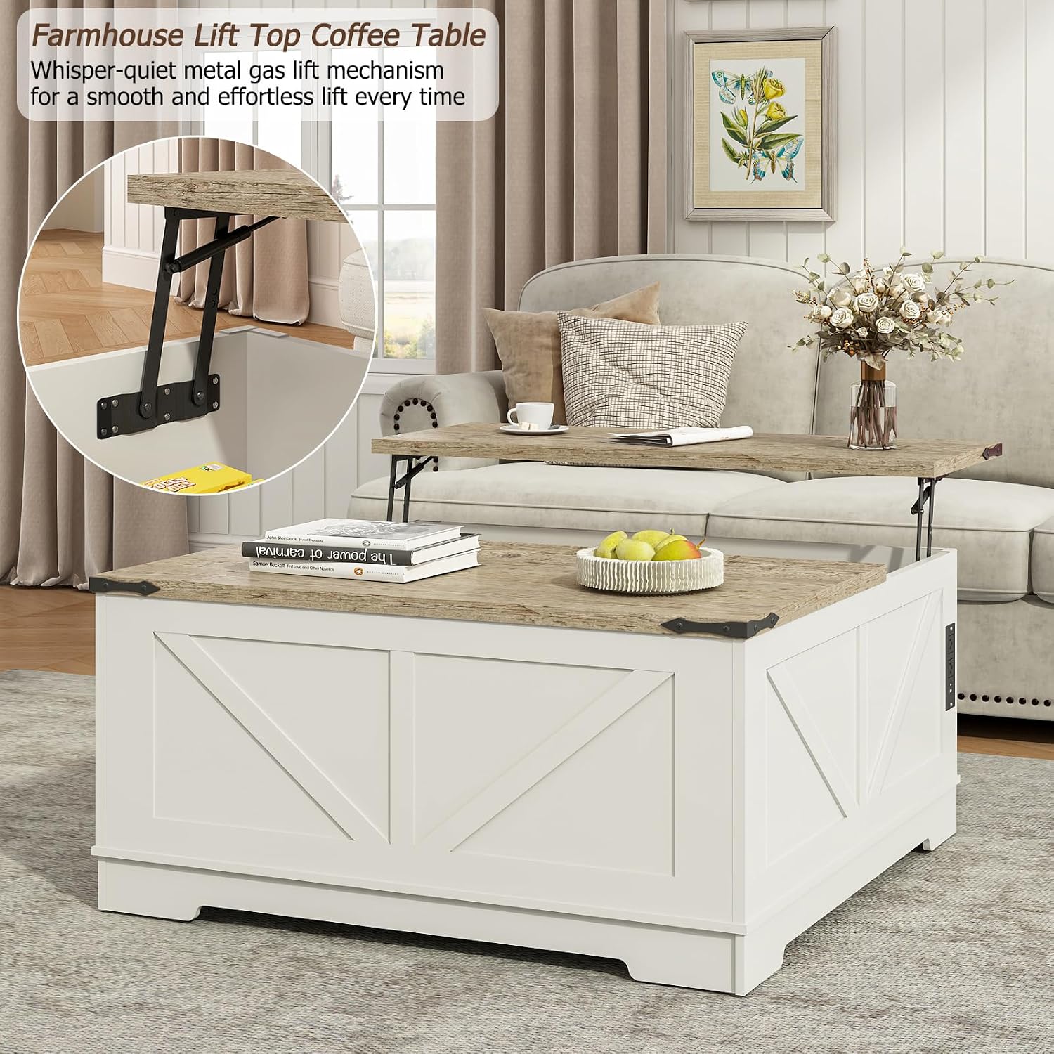 EAG 40' Large Farmhouse Lift Top Coffee Table with Hidden Compartment & Power Outlets, Square Wooden Coffee Table with Multi-Function Flip-Top Ample Storage Center Table for Living Room, White