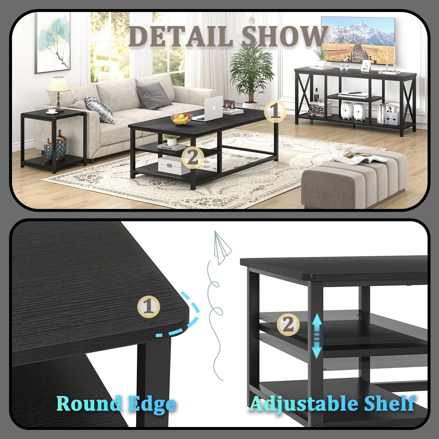 EXCEFUR Black Coffee Table, Rustic Wood Living Room Table with Storage Shelf, Modern Rectangle Center Table, 47 Inch