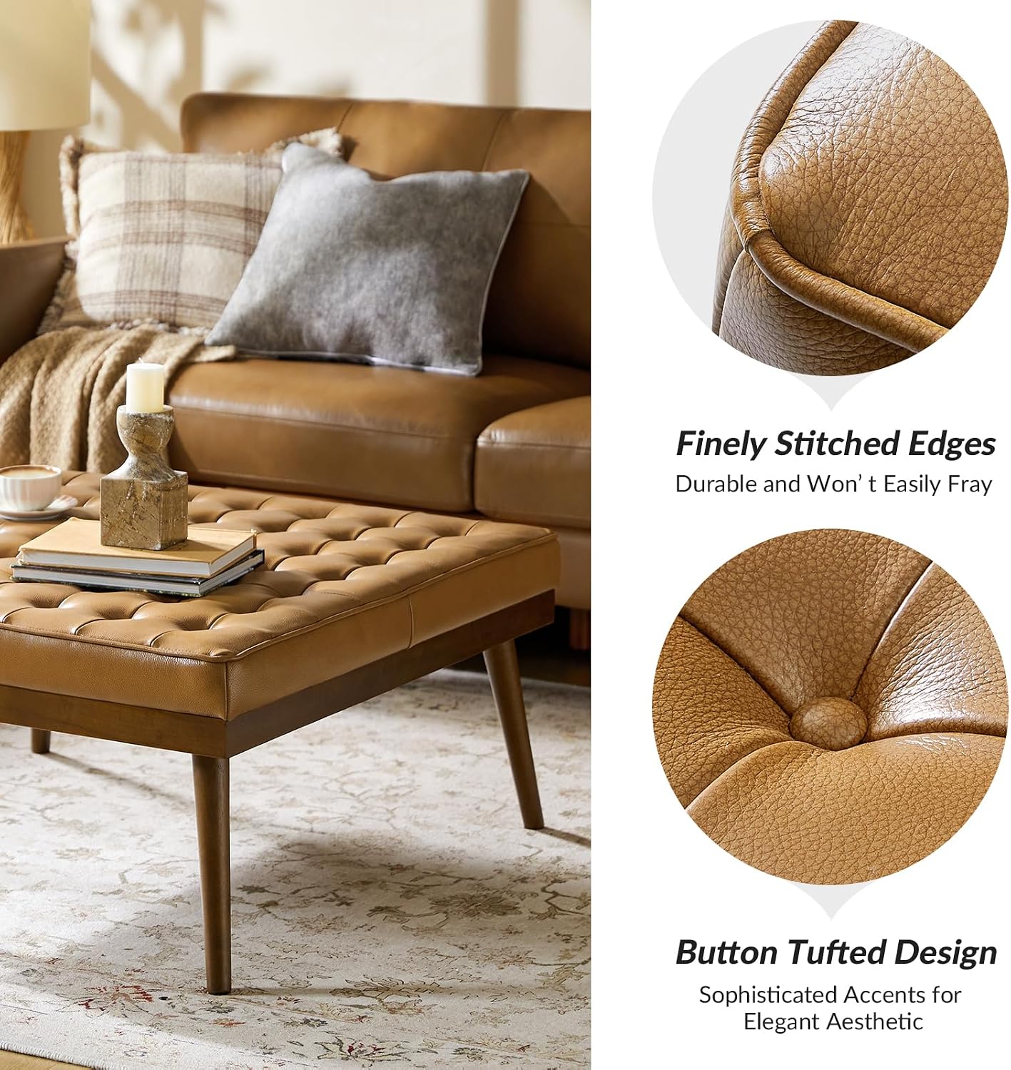 HULALA HOME Genuine Leather Square Coffee Table, Button Tufted Upholstered Ottoman Coffee Table with Solid Wooden Flared Legs, Mid-Century Modern Extra Seating for Living Room, Camel