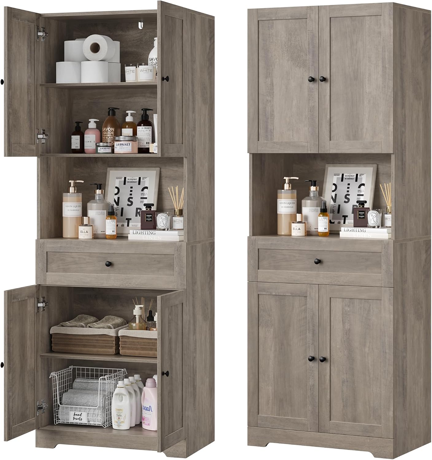 Tall Bathroom Storage Cabinets with Drawer, Farmhouse Linen Cabinet with Doors & Shelves, 67' Tall Storage Cabinet Freestanding for Bathroom, Dining Room, Kitchen, Pantry, Laundry, Narrow Corner,Brown
