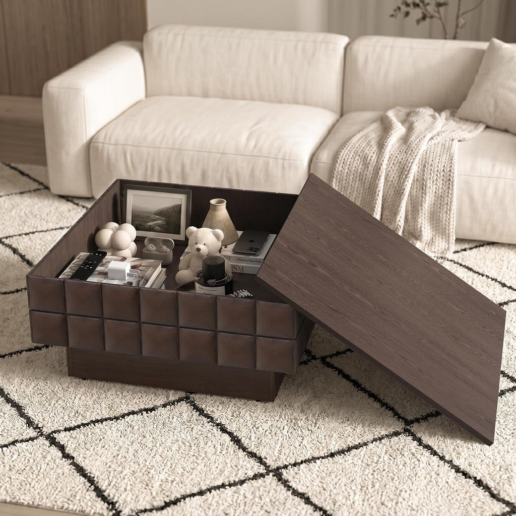 LKTART 31.89' Square Coffee Table with Hidden Storage, Mid-Century Modern Center Table with 3D Sculpted Texture, Lift-Off Flip Top Coffee Tables for Living Room Blankets & Pillows, Real Wood Veneer