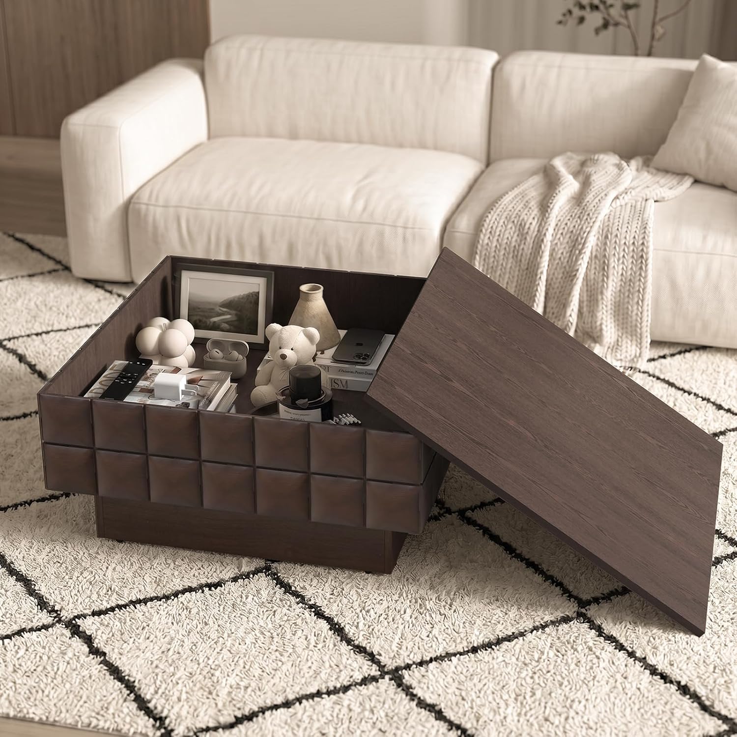 LKTART 31.89' Square Coffee Table with Hidden Storage, Mid-Century Modern Center Table with 3D Sculpted Texture, Lift-Off Flip Top Coffee Tables for Living Room Blankets & Pillows, Real Wood Veneer
