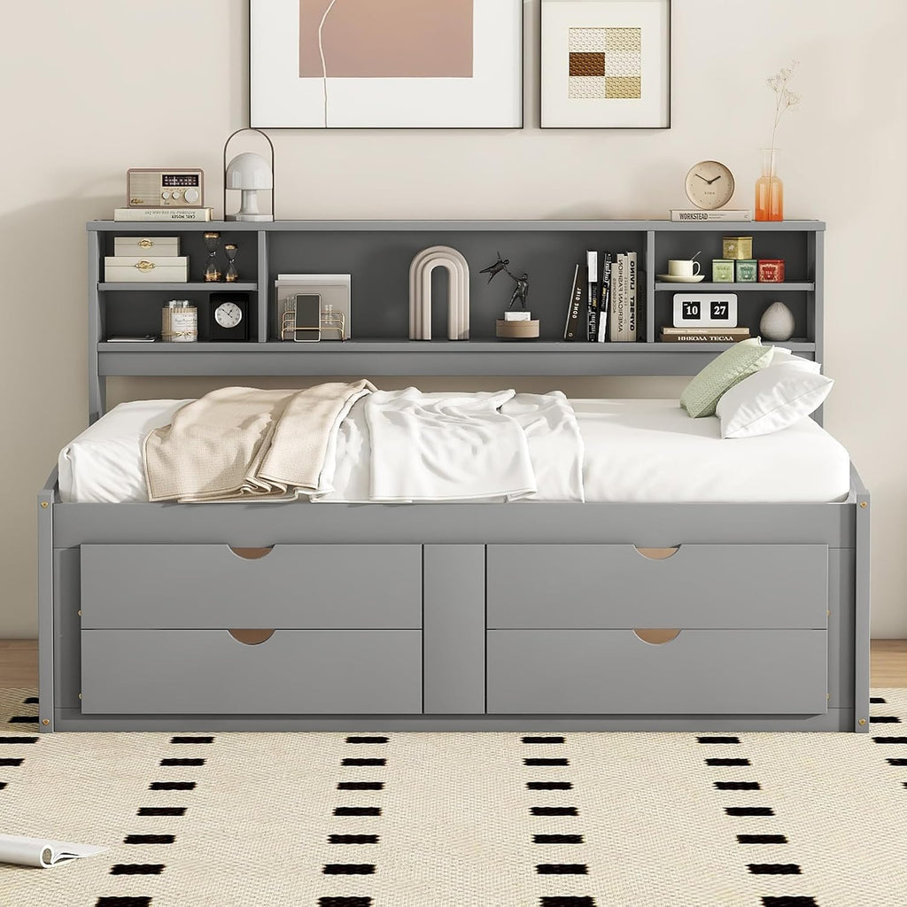 Merax Full Size Daybed with 2 Bedside Cabinets and 4 Drawers, Full Corner Bed Platform Bed with Upper Shelves for Bedroom, No Box Spring Needed, Gray
