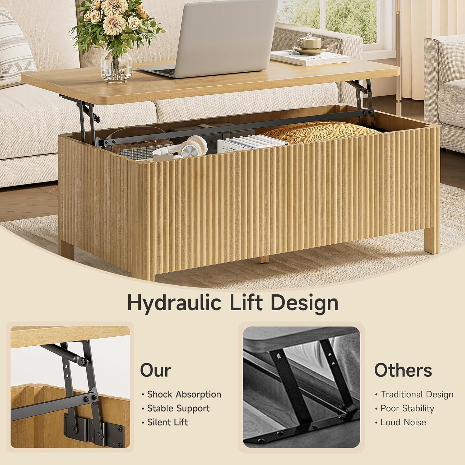 ONBRILL Fluted Lift Top Coffee Table with Storage, Mid Century Modern Coffee Table with Hidden Compartment, Rising Top Wood Center Table for Living Room, Home Office, Rounded Edges (Natural Oak)