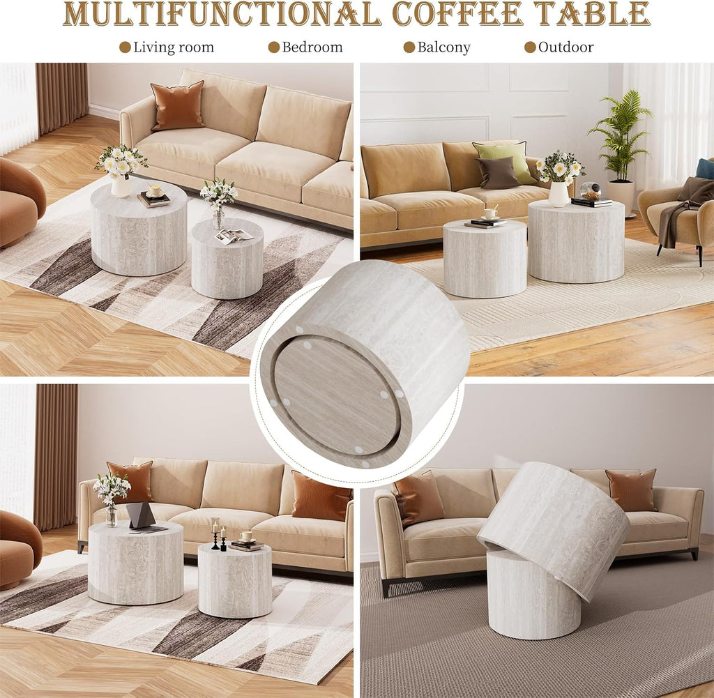 Round Nesting Coffee Table Set of 2, Travertine Coffee Table Circle Drum Side Table Small End Table Minimalist Center Tables for Living Room Office, No Assembly (Travertine)