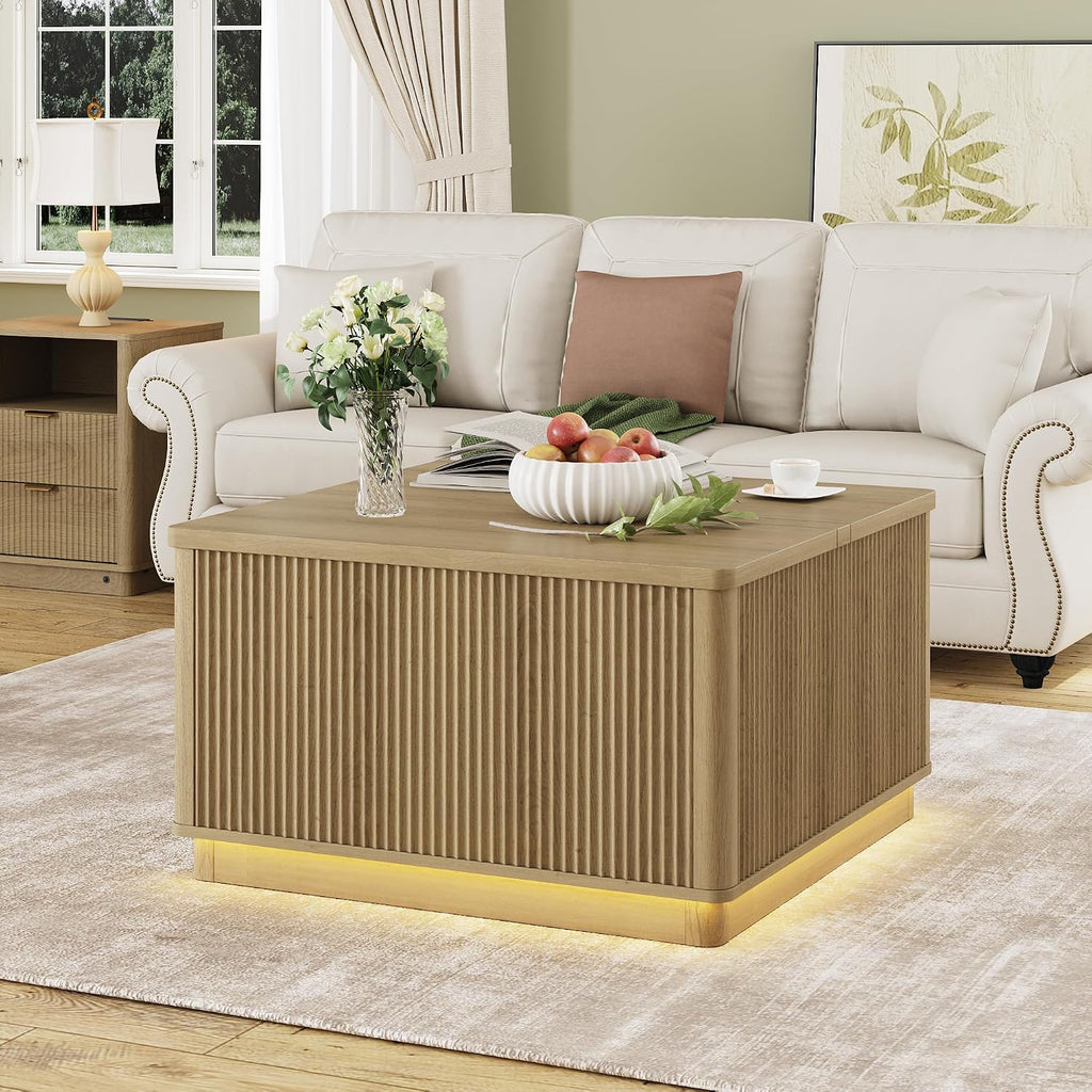 Modern Lift Top Coffee Table with Storage, Square Coffee Tables with LED Lighting and Power Outlet, Wooden Square Center Table for Living Room, Home Office, Natural