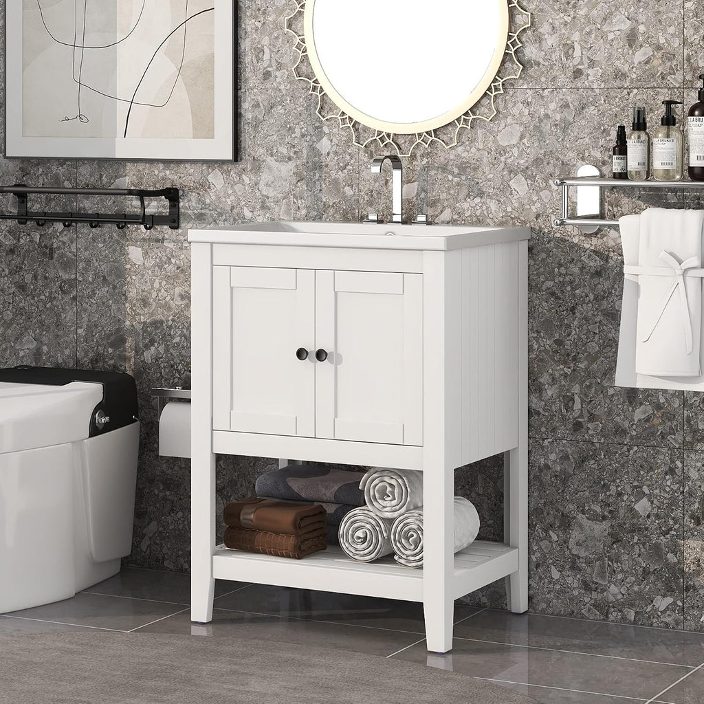 24 Inch Bathroom Vanity with Sink Set Combo, Cabinet with Doors and Open Shelf, Solid Wood Frame with Painted Finish, Modern Style