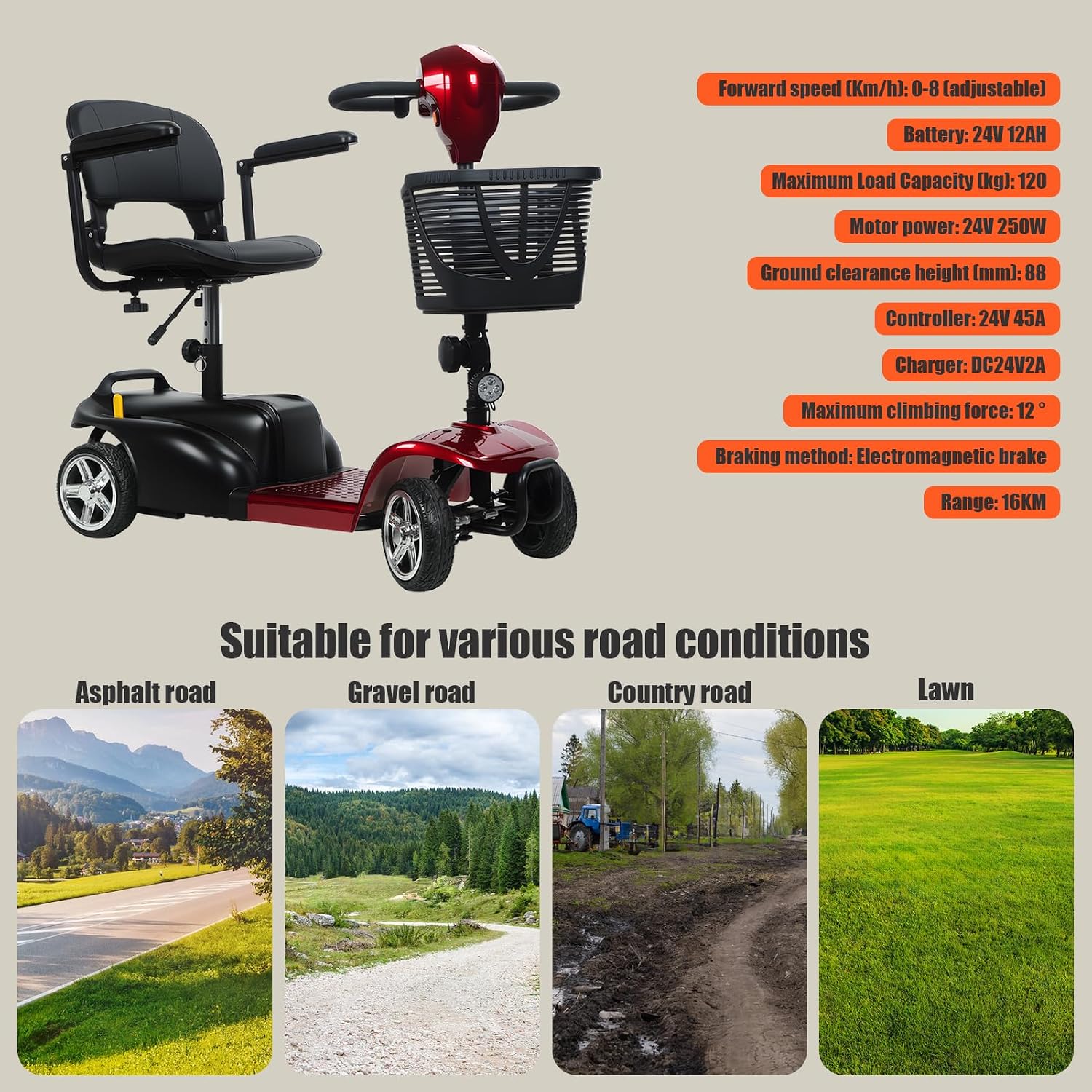 4-Wheel Electric Scooter for Adults | Long Range Mobility Scooter with Basket, Charger & 330 lbs Capacity for Seniors Outdoor Use (Red and Black)