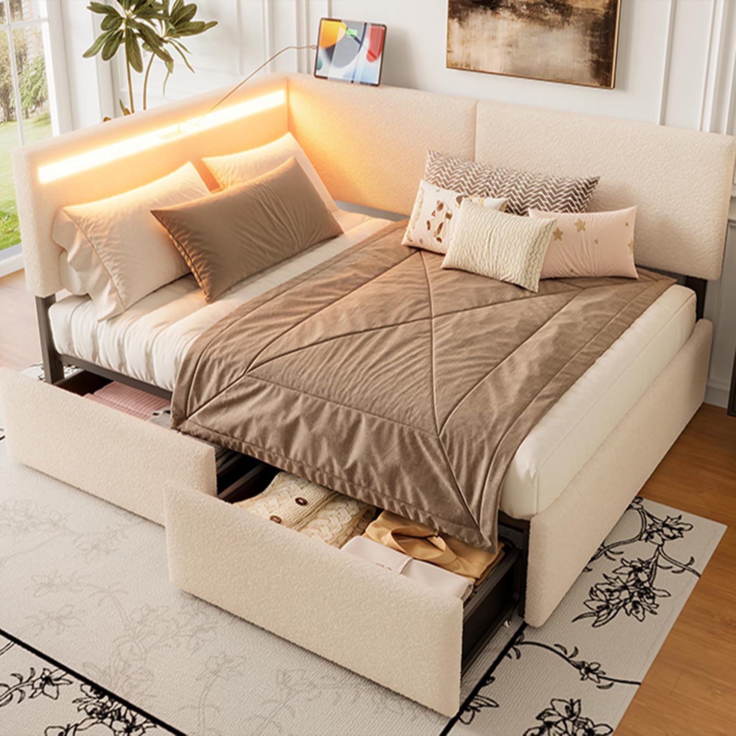 Full Size Boucle Corner Day Bed Frame with Upholstered Headboard, L-Shaped Daybed with USB Ports, Storage Drawers and Tufted Back, No Box Spring Needed, for Bedroom, Livingroom, Beige