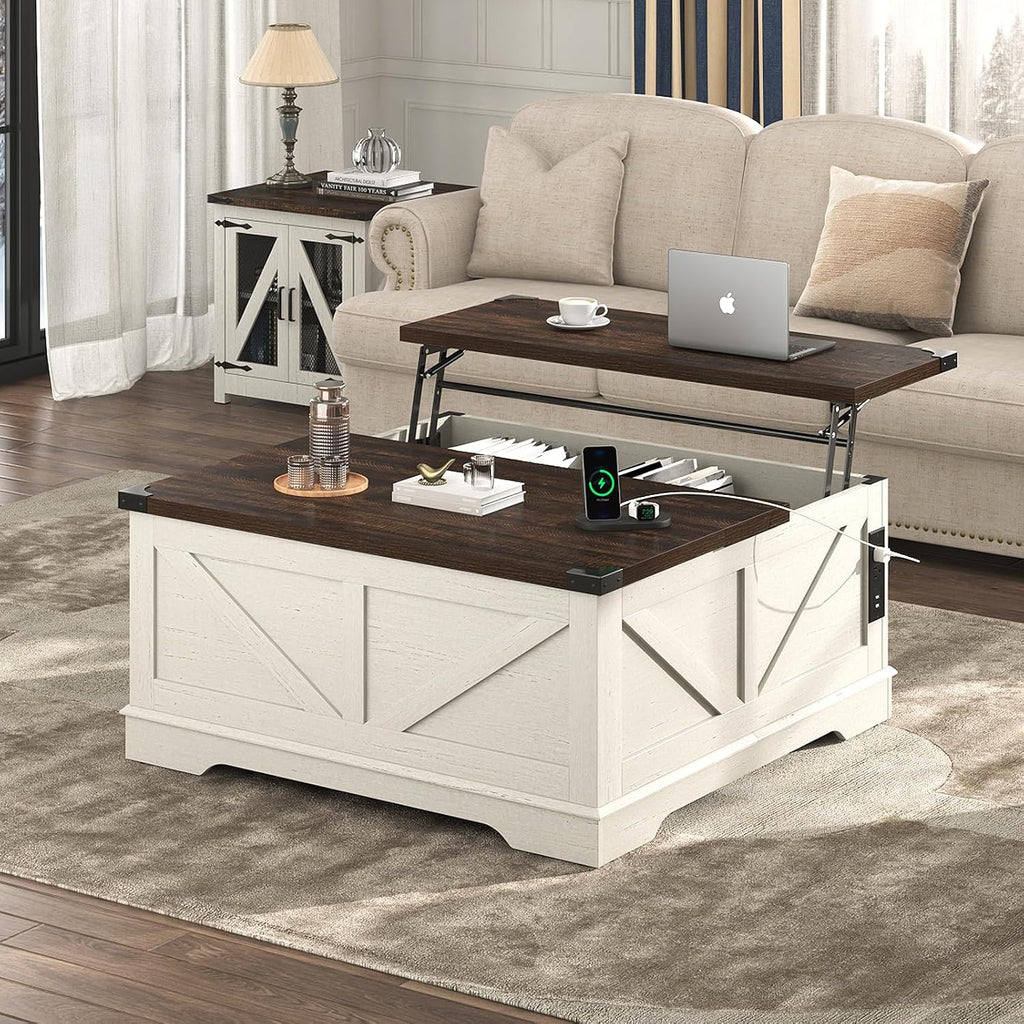 Hlivelood 40' Large Farmhouse Lift Top Coffee Table with Power Outlets and Large Hidden Storage, Square Wood Living Room Tables, Multi-Function Lift Wooden Barn Door Center Table, Rustic White