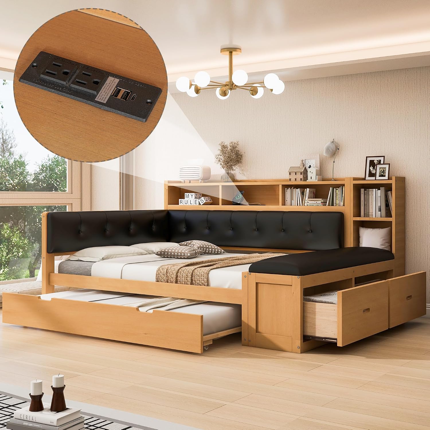 SOFTSEA Full Size Daybed with Trundle & Storage Drawers, Wood L-Shaped Daybed Corner Bed with Upholstered Headboard, Bench, 2 Drawers, Bookcase & USB Ports for Boys Girls Kids Adults, Natural Black