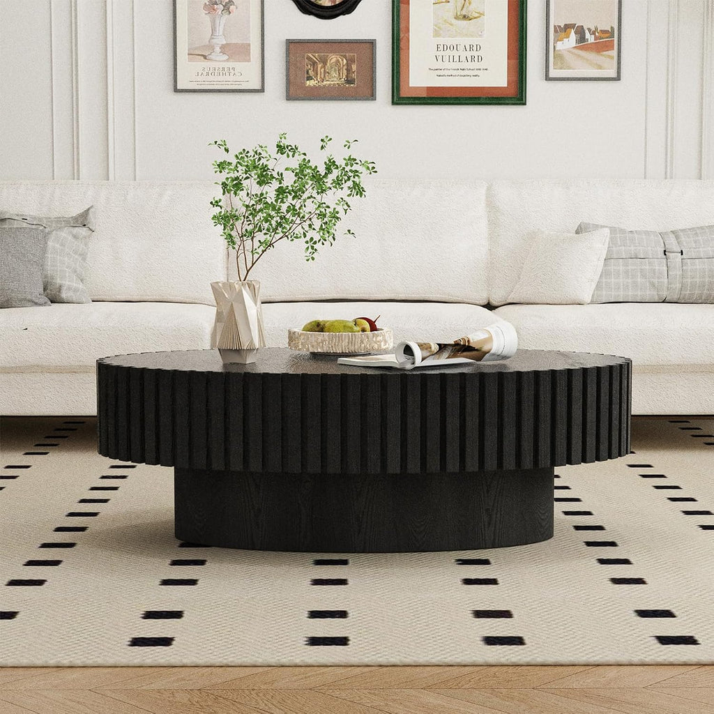 Oval Fluted Coffee Table Mid Century Modern Coffee Tables with Handcrafted Relief Ellipse Drum End Table Rustic Industrial Center Tables for Apartment Living Room (Black Oval)