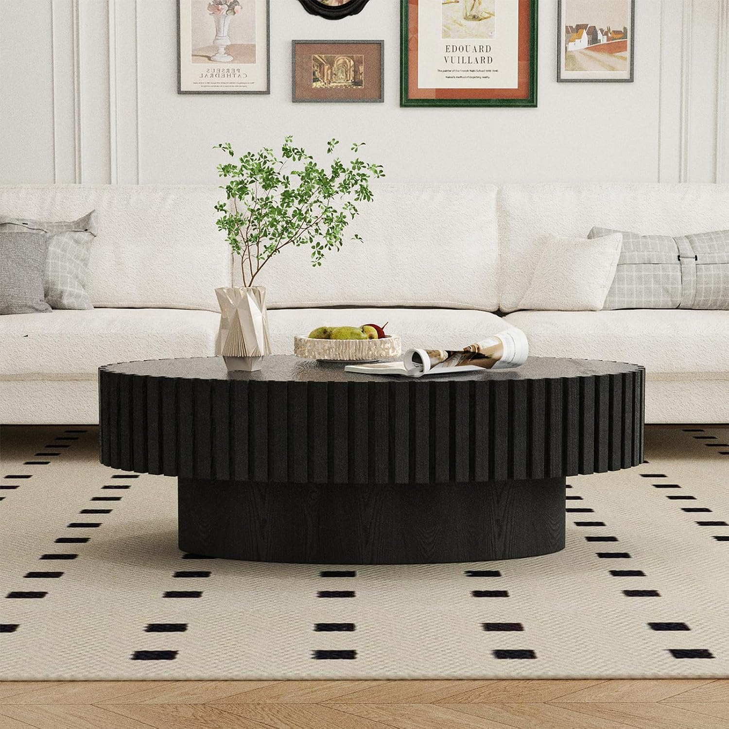 Oval Fluted Coffee Table Mid Century Modern Coffee Tables with Handcrafted Relief Ellipse Drum End Table Rustic Industrial Center Tables for Apartment Living Room (Black Oval)