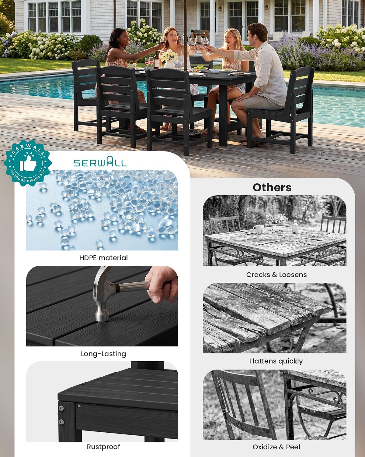 SERWALL Patio Dining Sets for 10 Person, HDPE Dining Set with 2 Tables, 8 Armless Chairs and 2 Armed Dining Chairs, Black