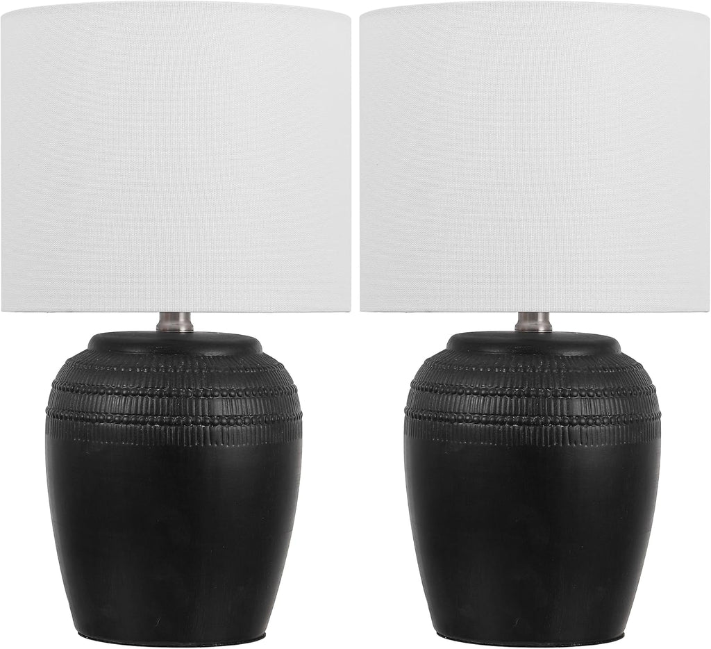 JONATHAN Y 16.75' Black/Nickel Ceramic Table Lamp Set of 2, Rustic Traditional Reeded Vase Lamps with White Linen Shade for Bedroom Living Room Decor JYL5707A-SET2
