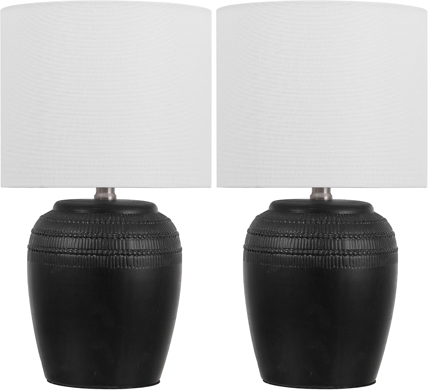 JONATHAN Y 16.75' Black/Nickel Ceramic Table Lamp Set of 2, Rustic Traditional Reeded Vase Lamps with White Linen Shade for Bedroom Living Room Decor JYL5707A-SET2