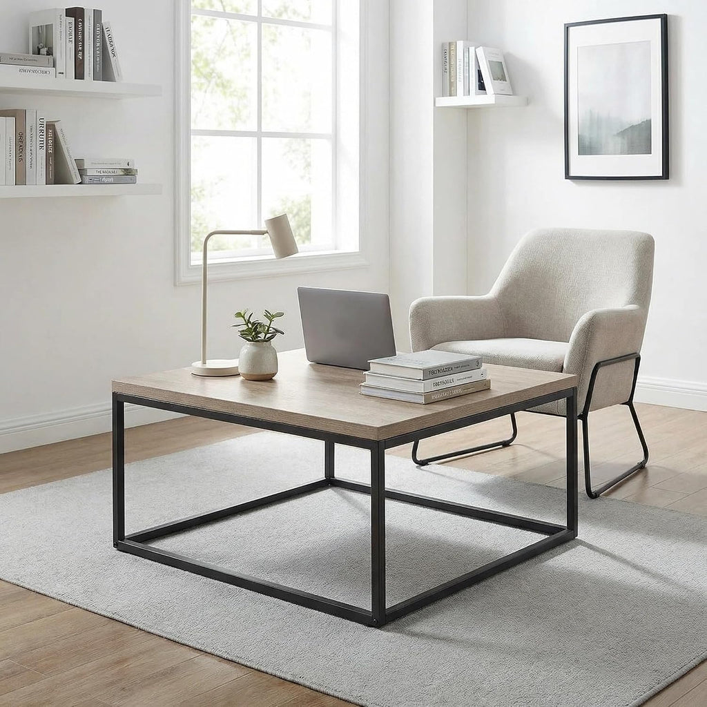 CENSI 30' Square Coffee Table, Grey Wash French Oak Wood Center Table for Living Room, Modern Industrial Metal Frame, Extra Thick 1.2' Top, Rustic Farmhouse Cocktail Table, Easy Assembly