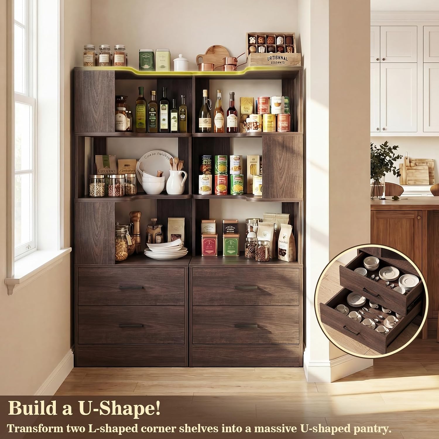 Armocity Corner Bookshelf with Drawers, 6 Tier Corner Book Shelf Display Bookcase, Freestanding L Shaped Bookshelf for Bedroom, Living Room, Home Office, Black Walnut