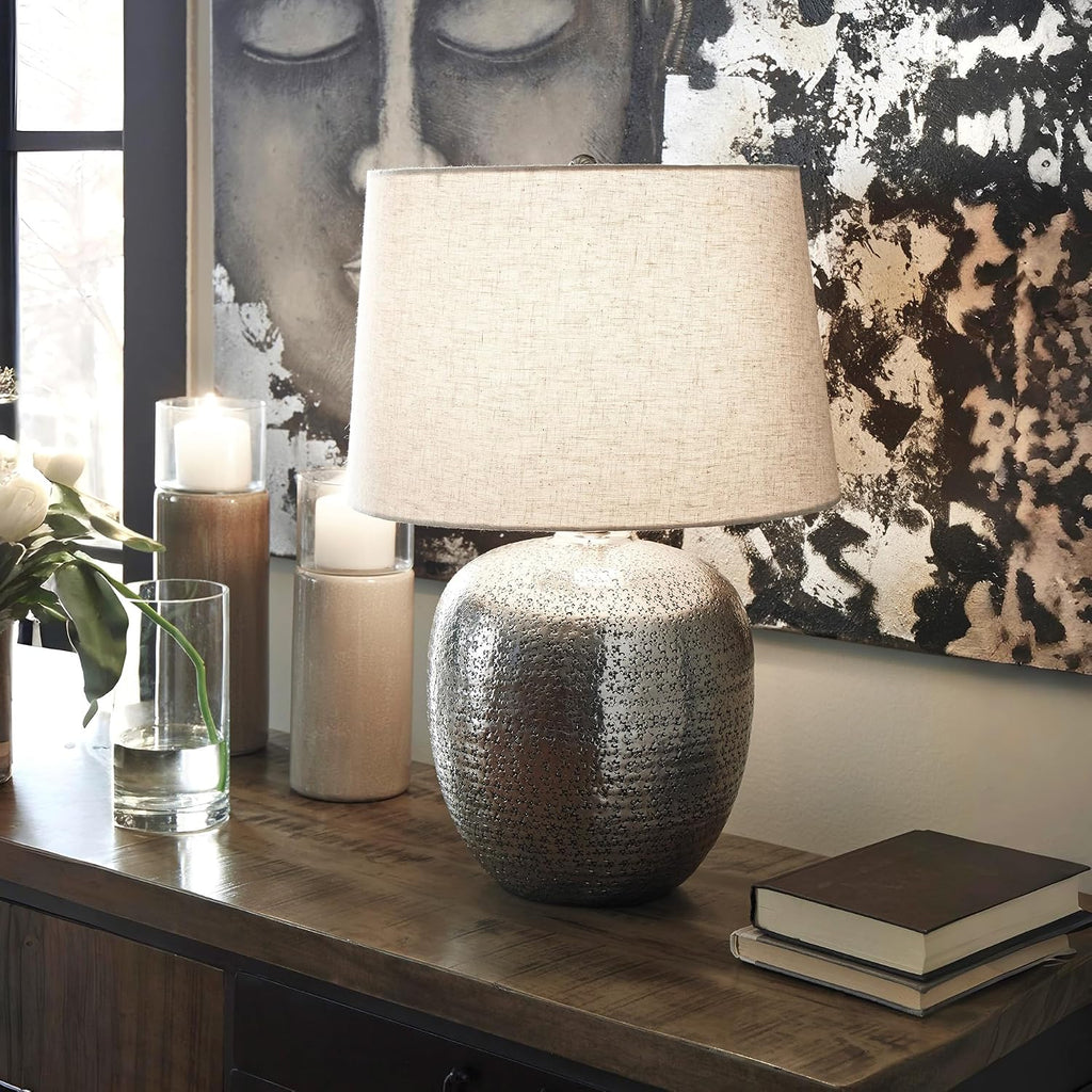 Signature Design by Ashley Magalie Contemporary UL Listed Table Lamp with Modified Drum Shade, 3-Way Switch, Hammered Aluminum, 23.13' High, Antique Silver