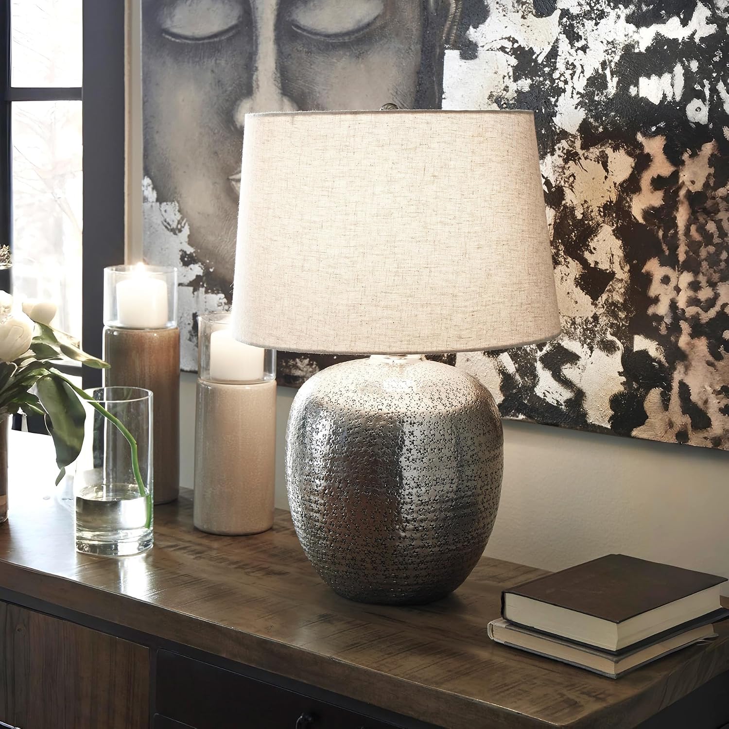 Signature Design by Ashley Magalie Contemporary UL Listed Table Lamp with Modified Drum Shade, 3-Way Switch, Hammered Aluminum, 23.13' High, Antique Silver